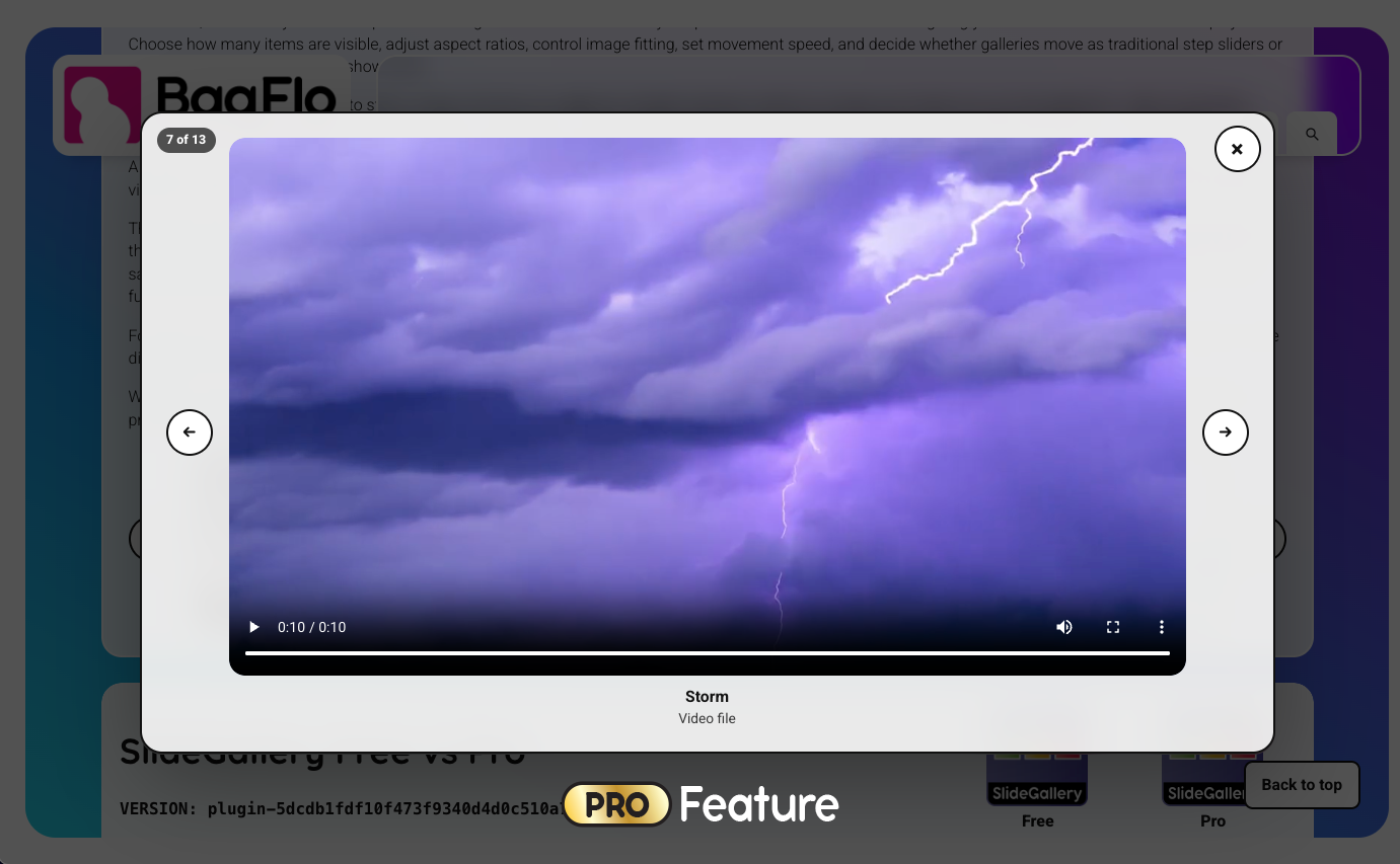 Pro Feature: Include video files in the gallery. Videos automatically auto play while mouse is hovered on top in slider gallery, and have a full player in the popup.