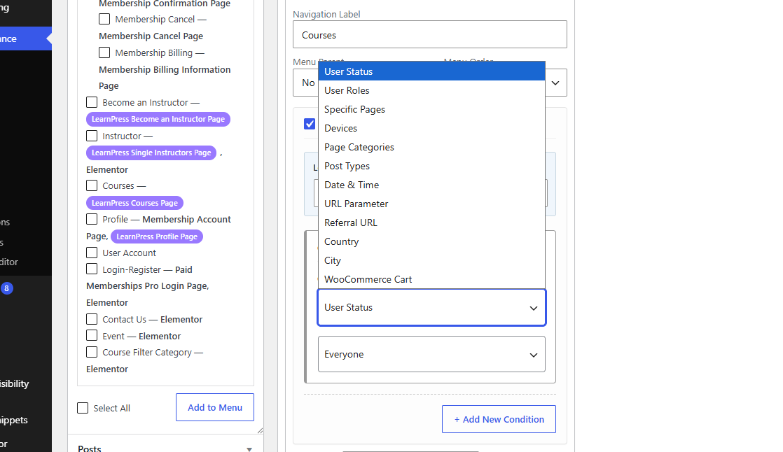 Visibility rule configuration interface in the menu editor.