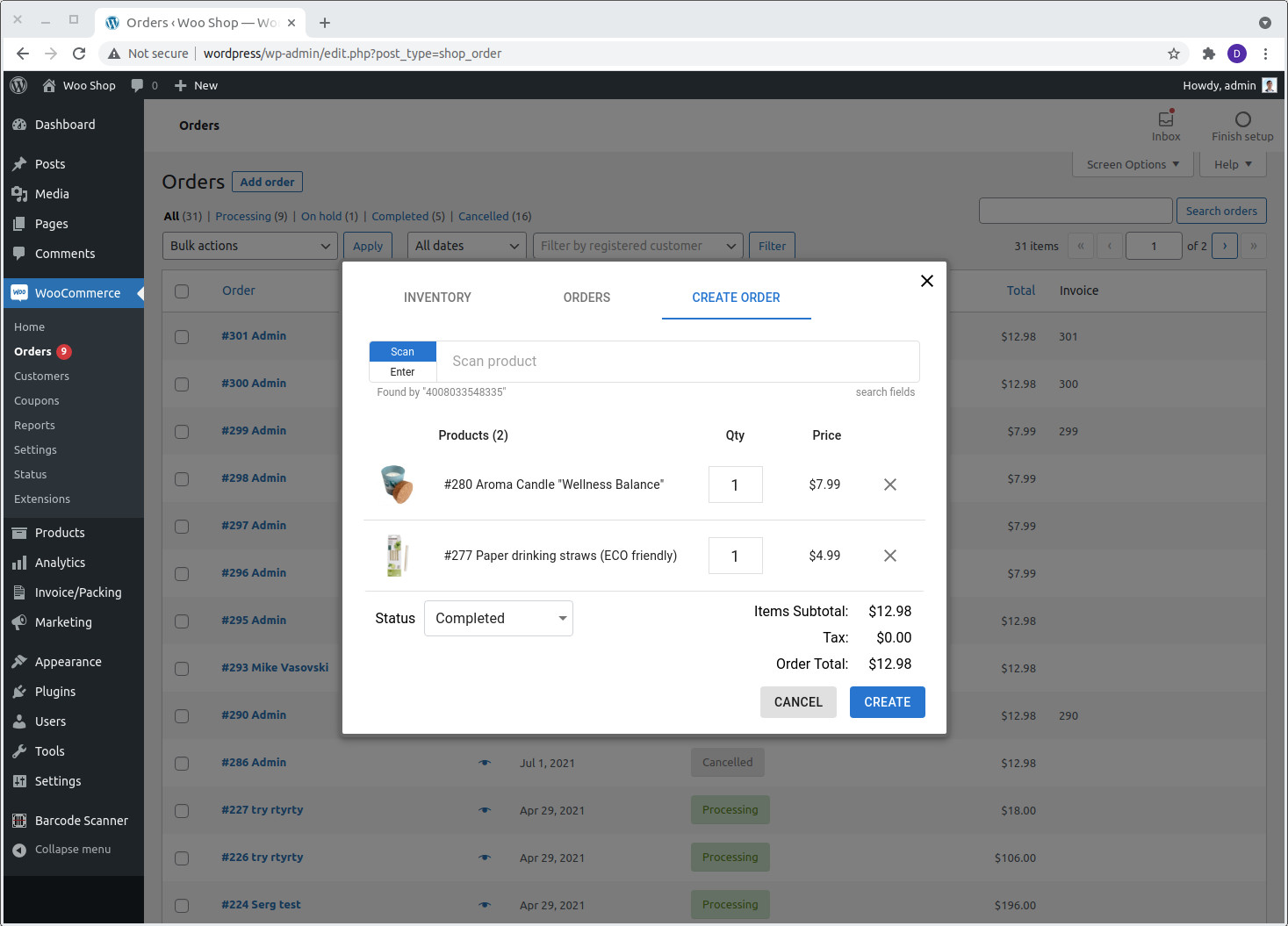 Order creation by scanning products