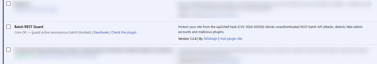 Plugin active on the Plugins screen with core status.