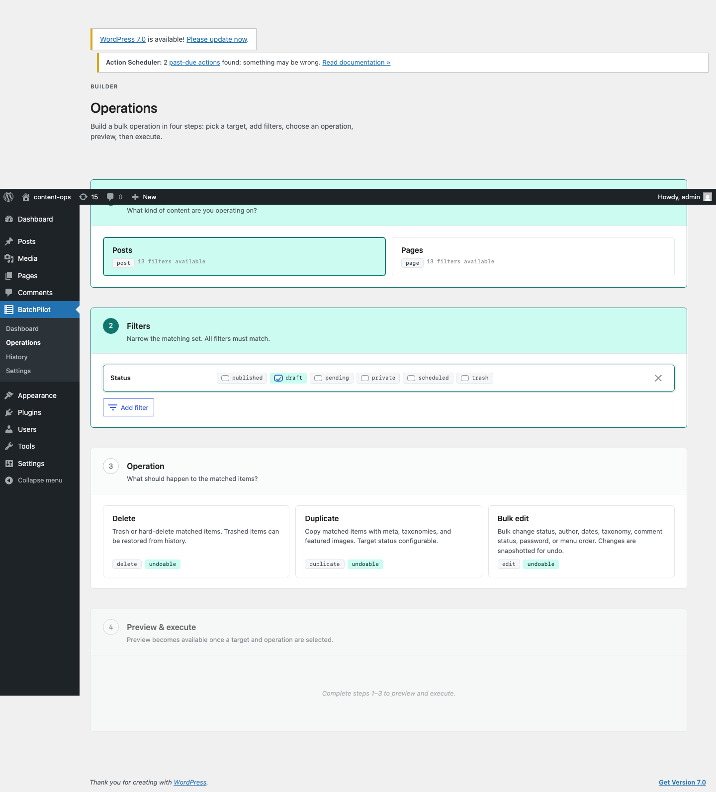 Operations Builder. Pick a target, add filters, choose an operation, preview, execute.