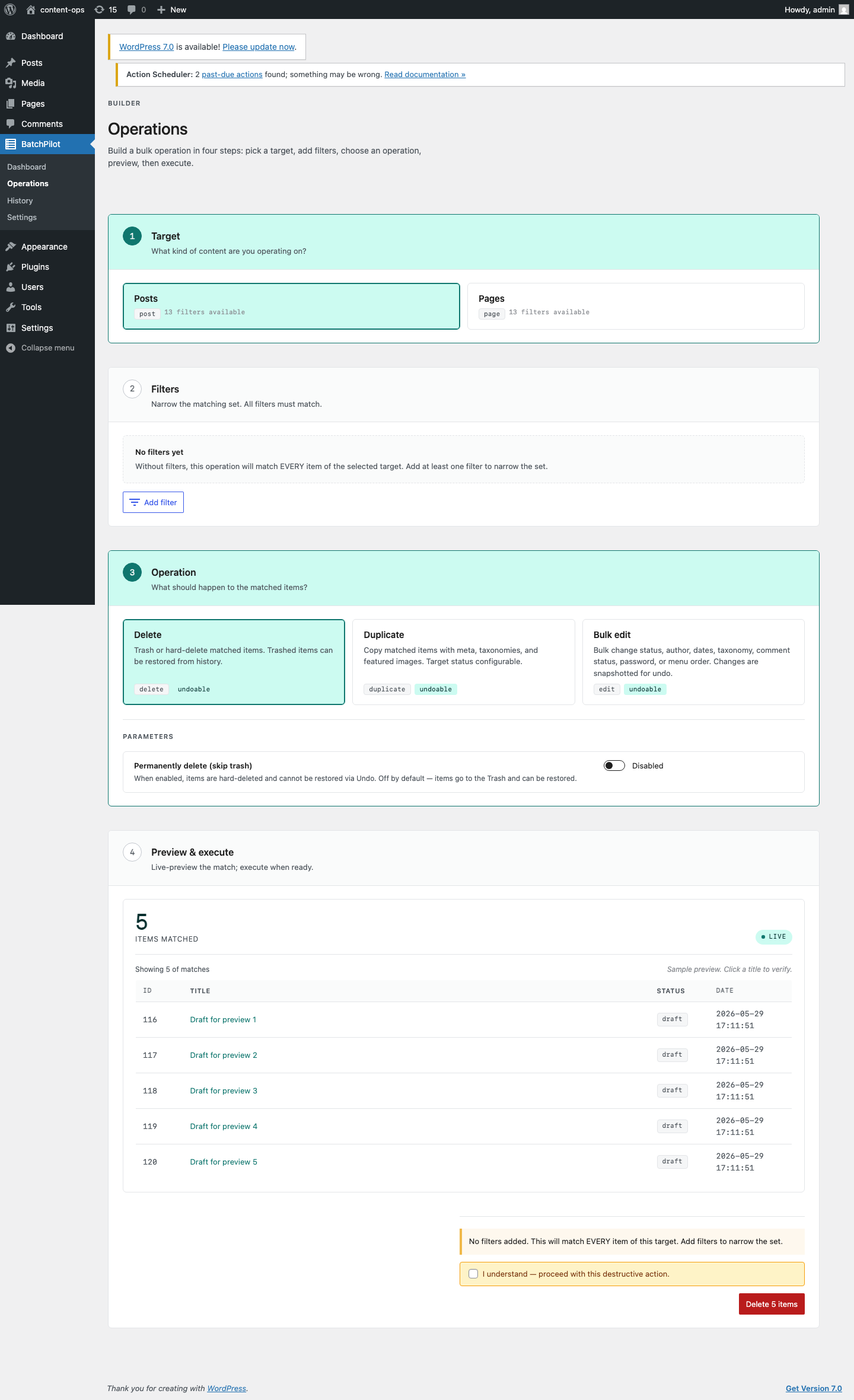 Live preview panel showing matched count and sample rows.
