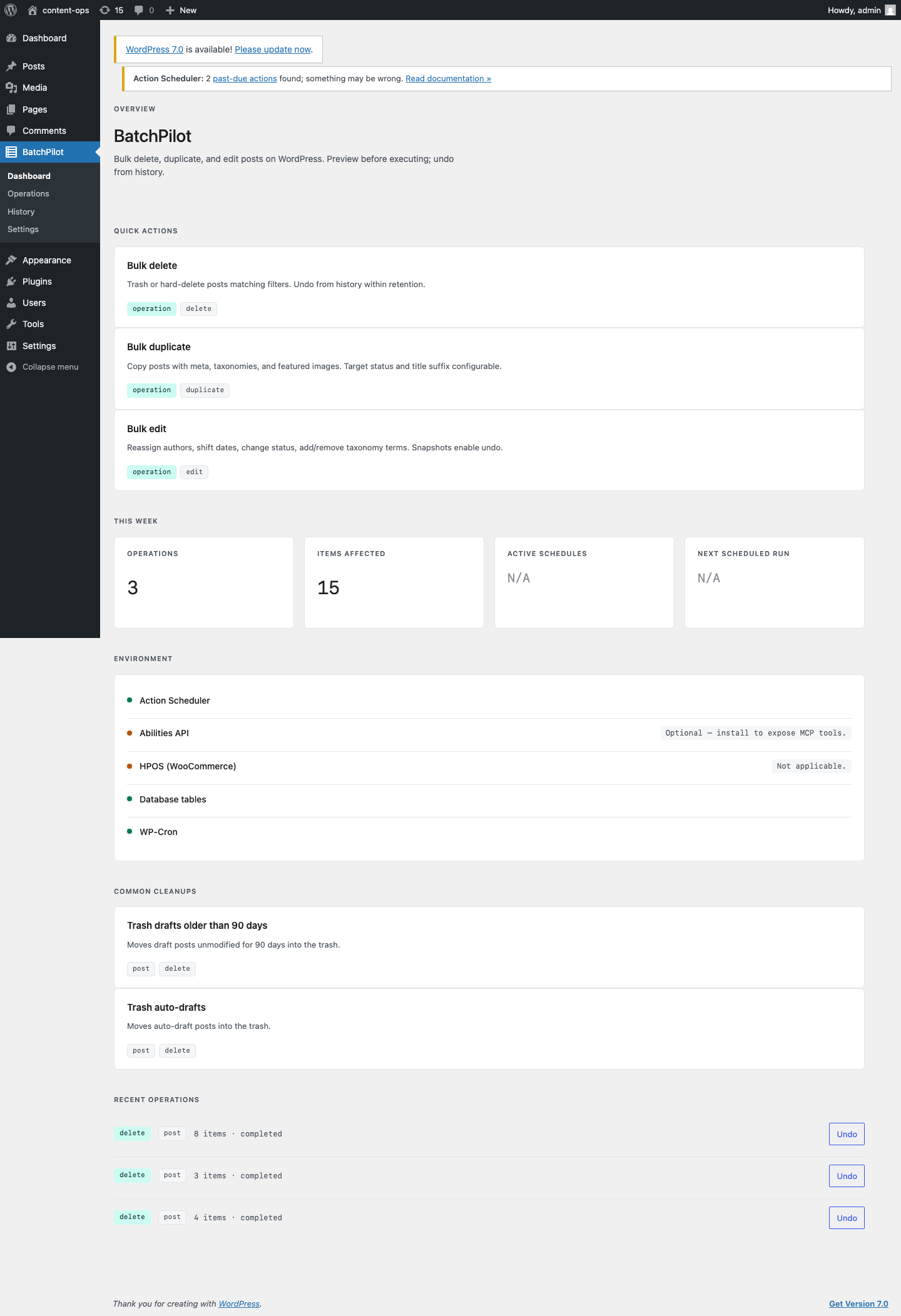 Dashboard with quick actions, weekly stats, and environment checks for Action Scheduler, Abilities API, and database tables.