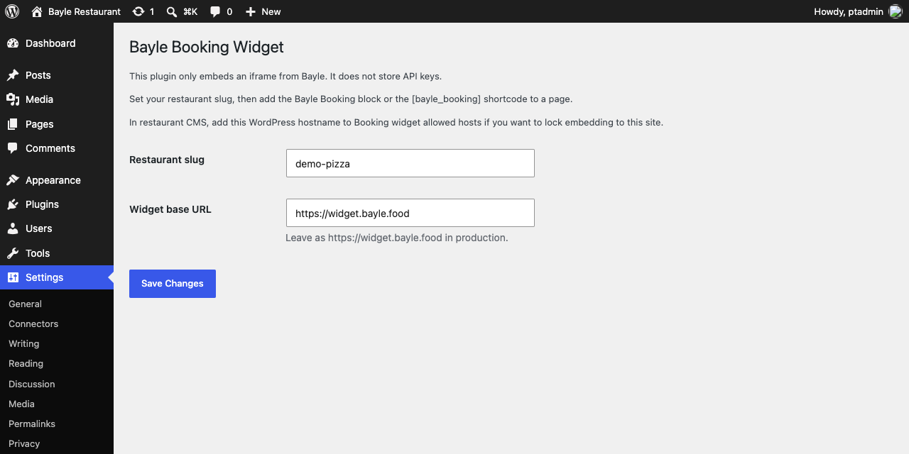 Settings → Bayle Booking Widget: enter your Bayle restaurant slug. No API keys are needed.