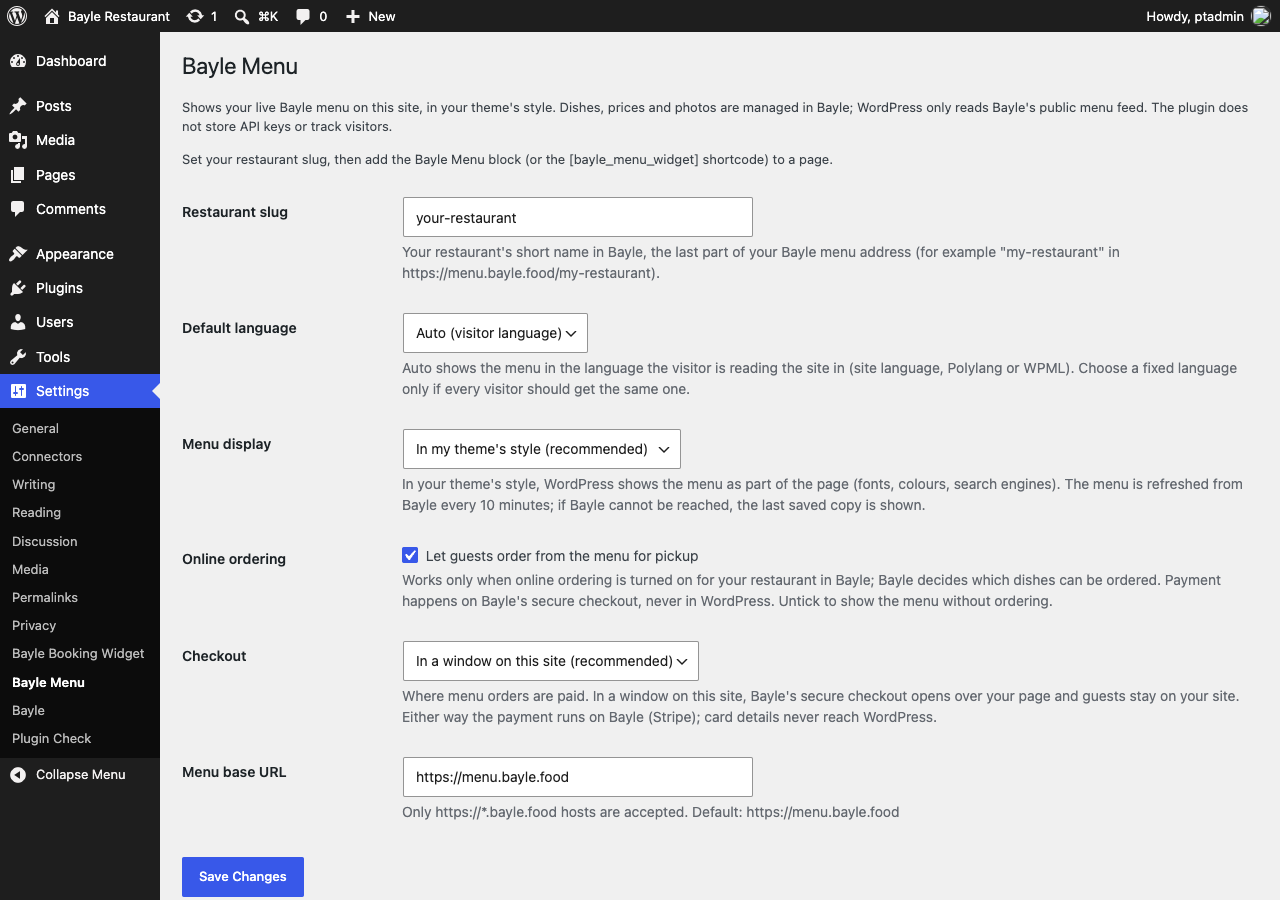 Settings → Bayle Menu: restaurant slug, language, display, ordering and checkout.