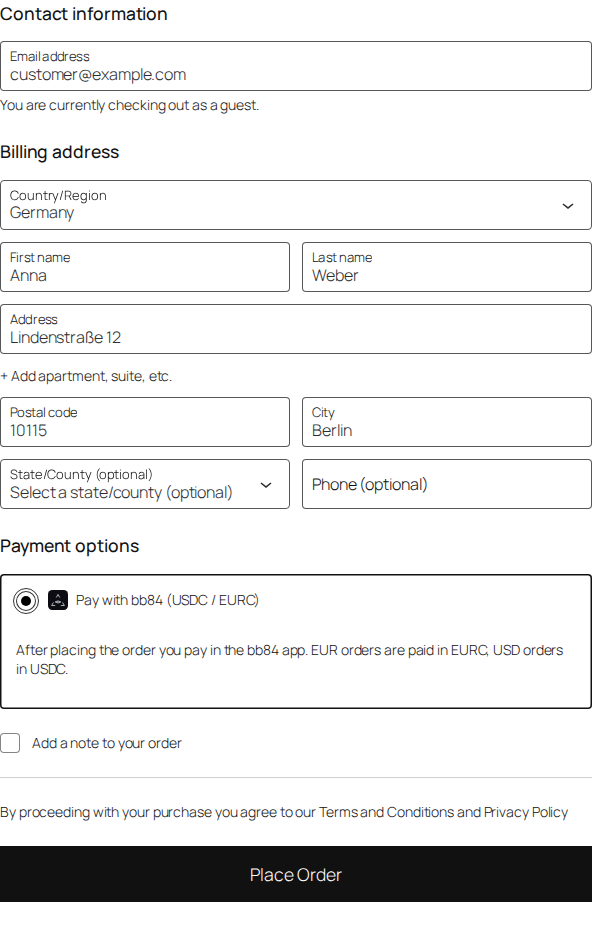 "Pay with bb84" in the block checkout.