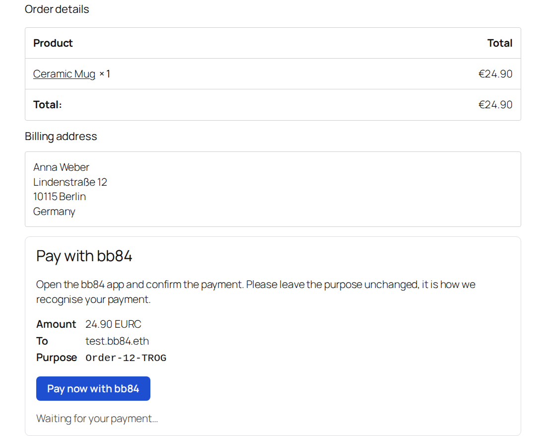 Thank-you page: amount, recipient, purpose and the pay button. It switches to "Payment received" by itself.