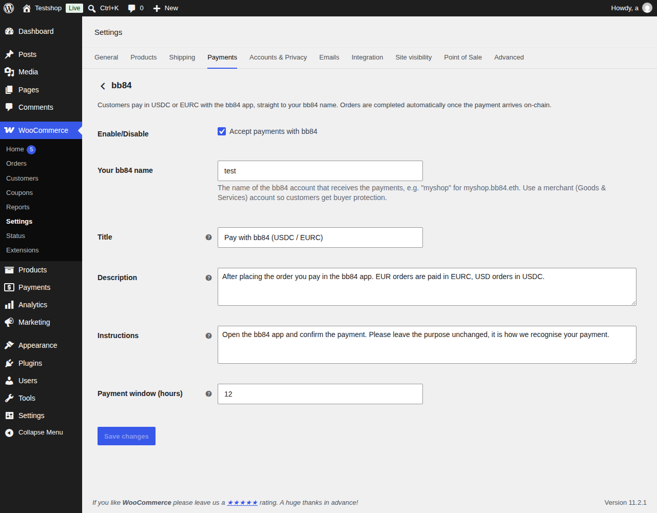 Settings: your bb84 name, texts and the payment window.