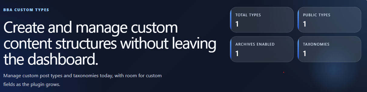 BBA Custom Types dashboard overview.