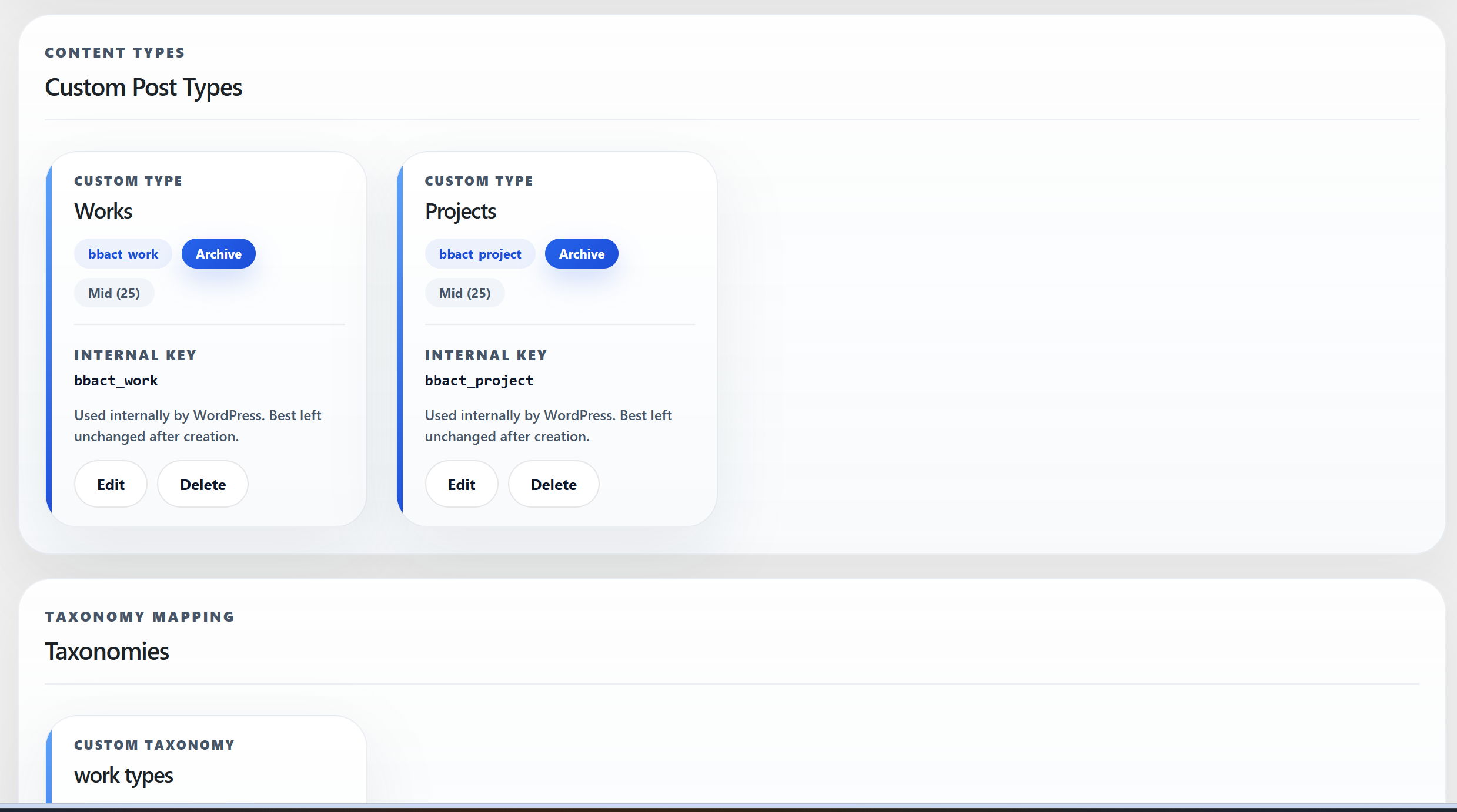 Custom post type cards in the expandable content-types section.