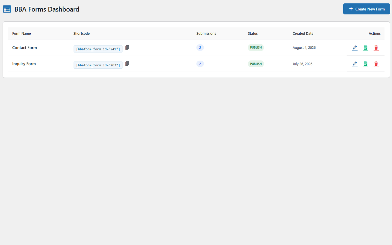 Forms dashboard with shortcodes and submission counts.