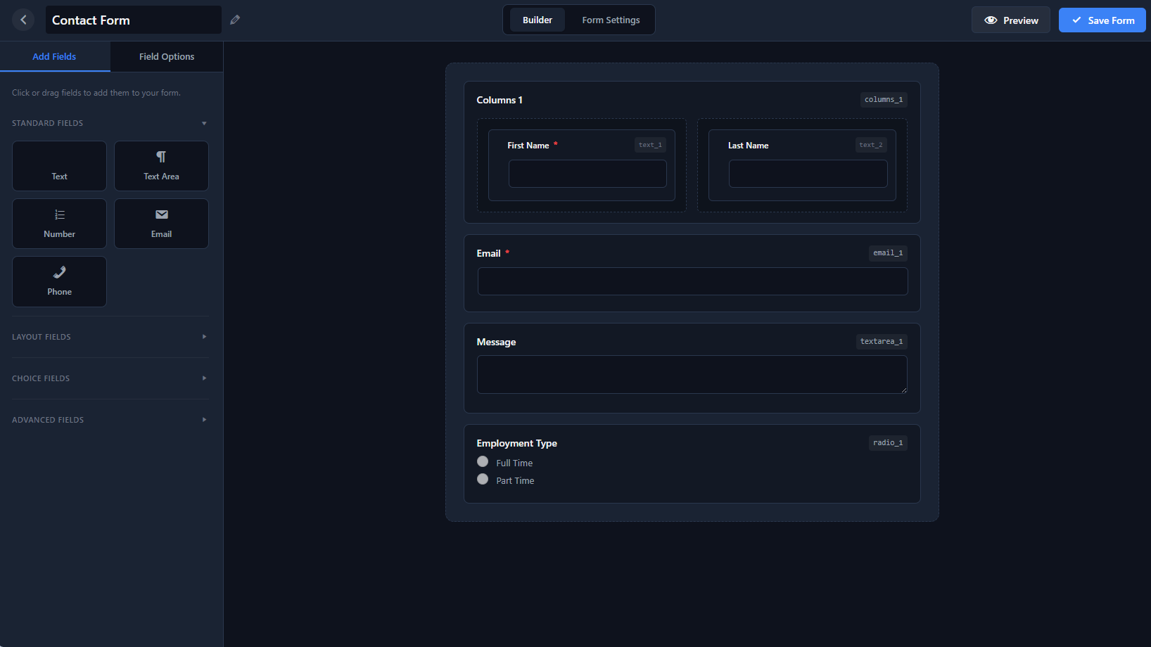 Drag-and-drop form builder with a responsive two-column layout.