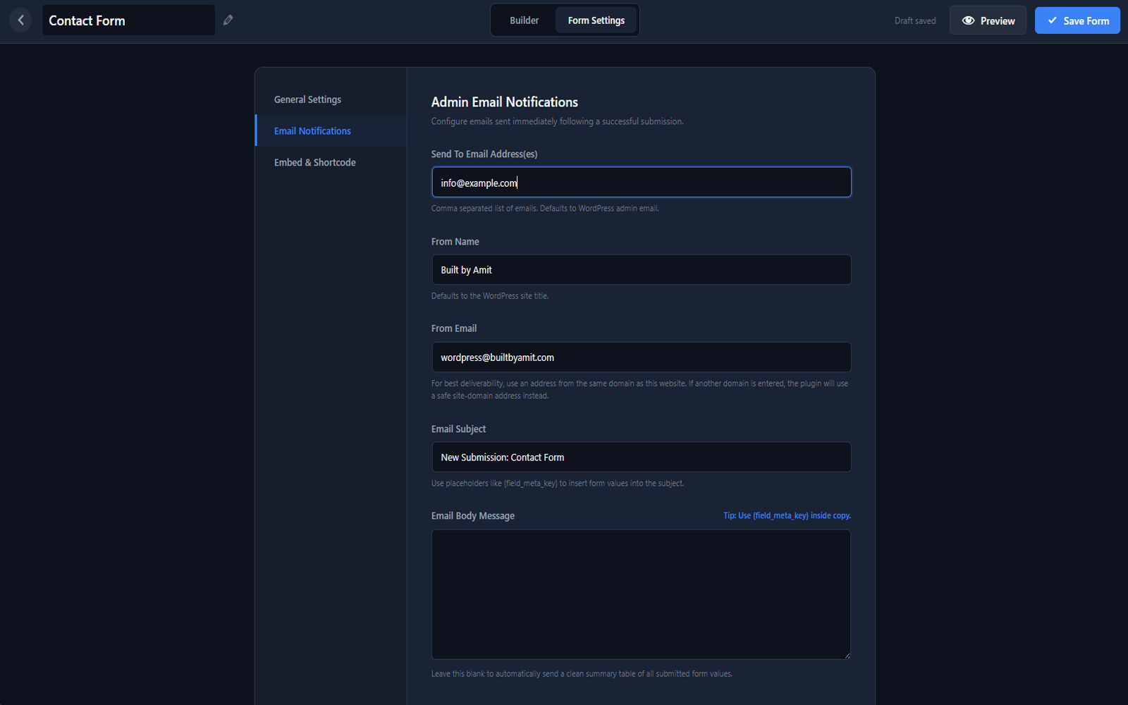 Email notification settings for form submissions.