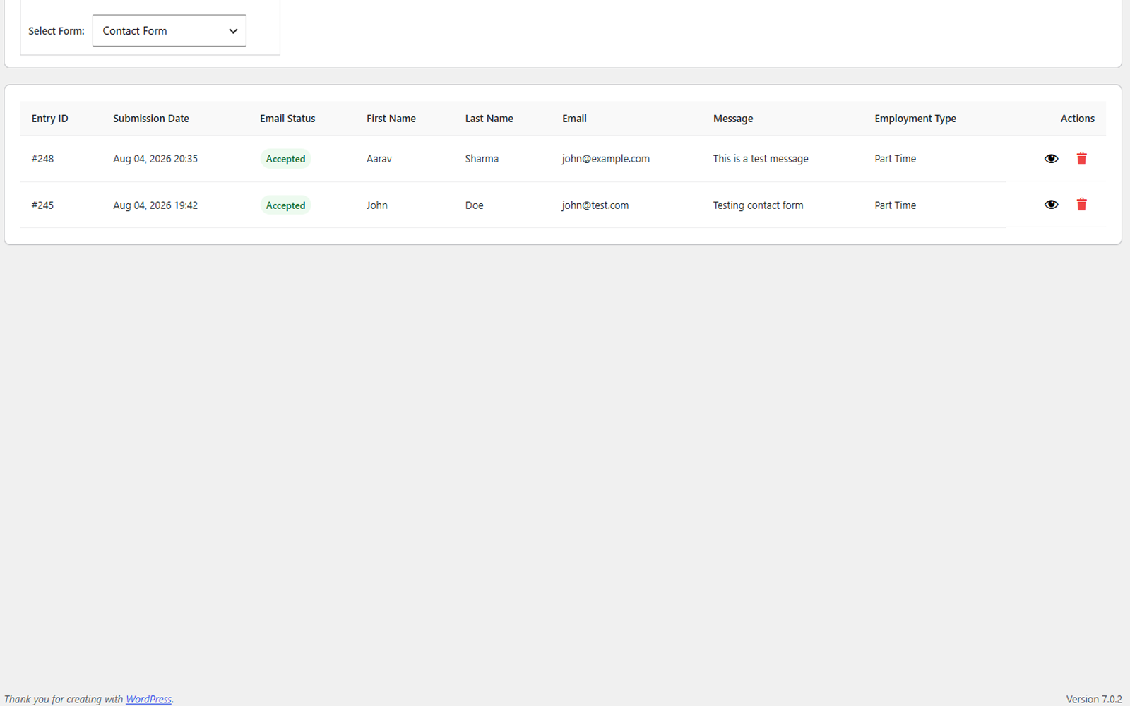 Submission entries with captured form values and email status.