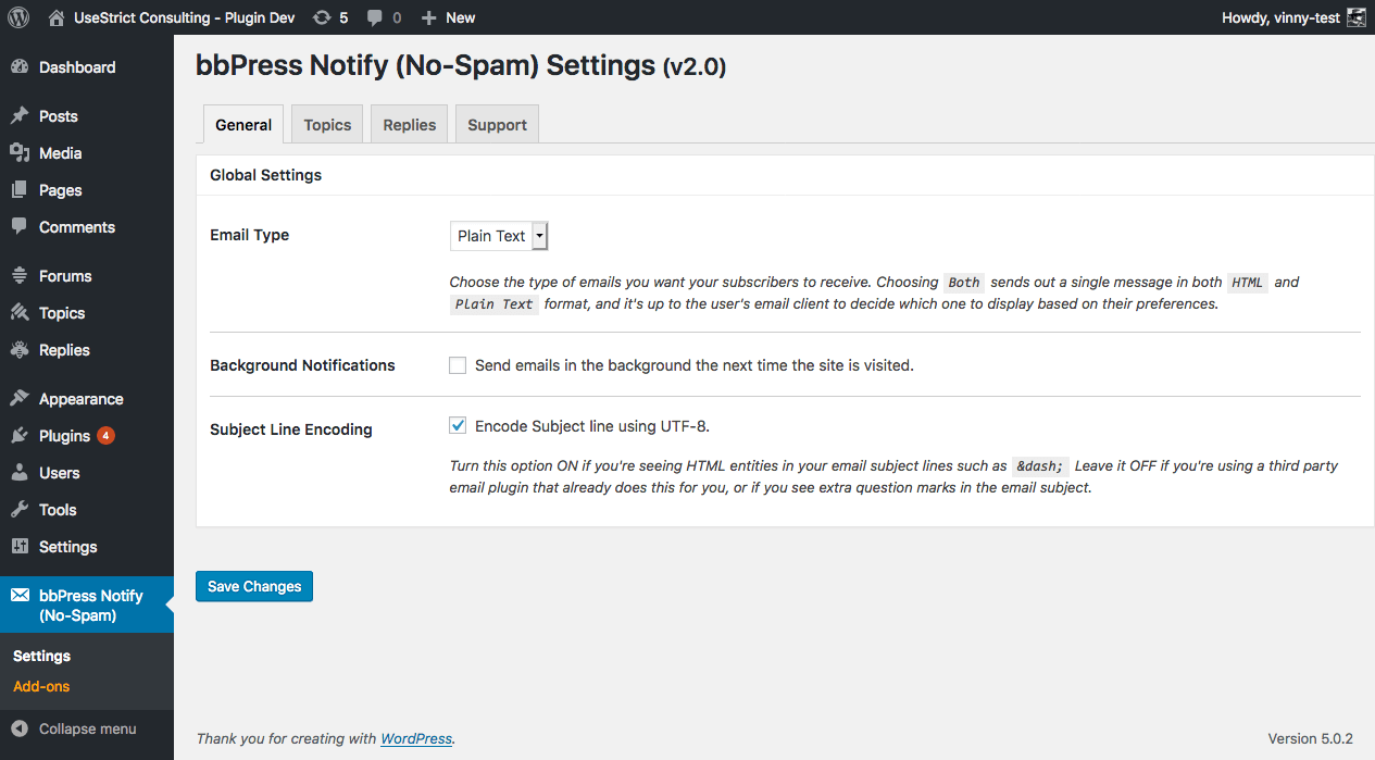 The settings page - General tab