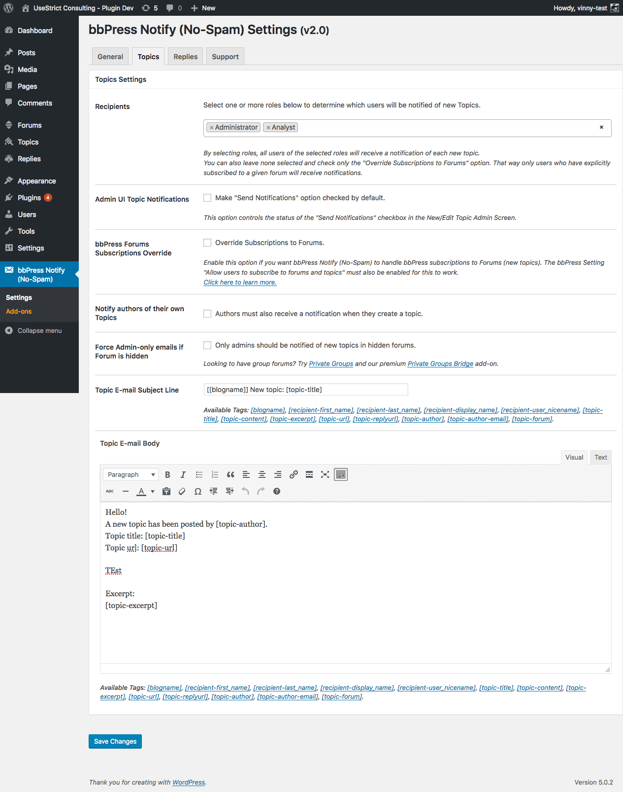 The settings page - Topics tab