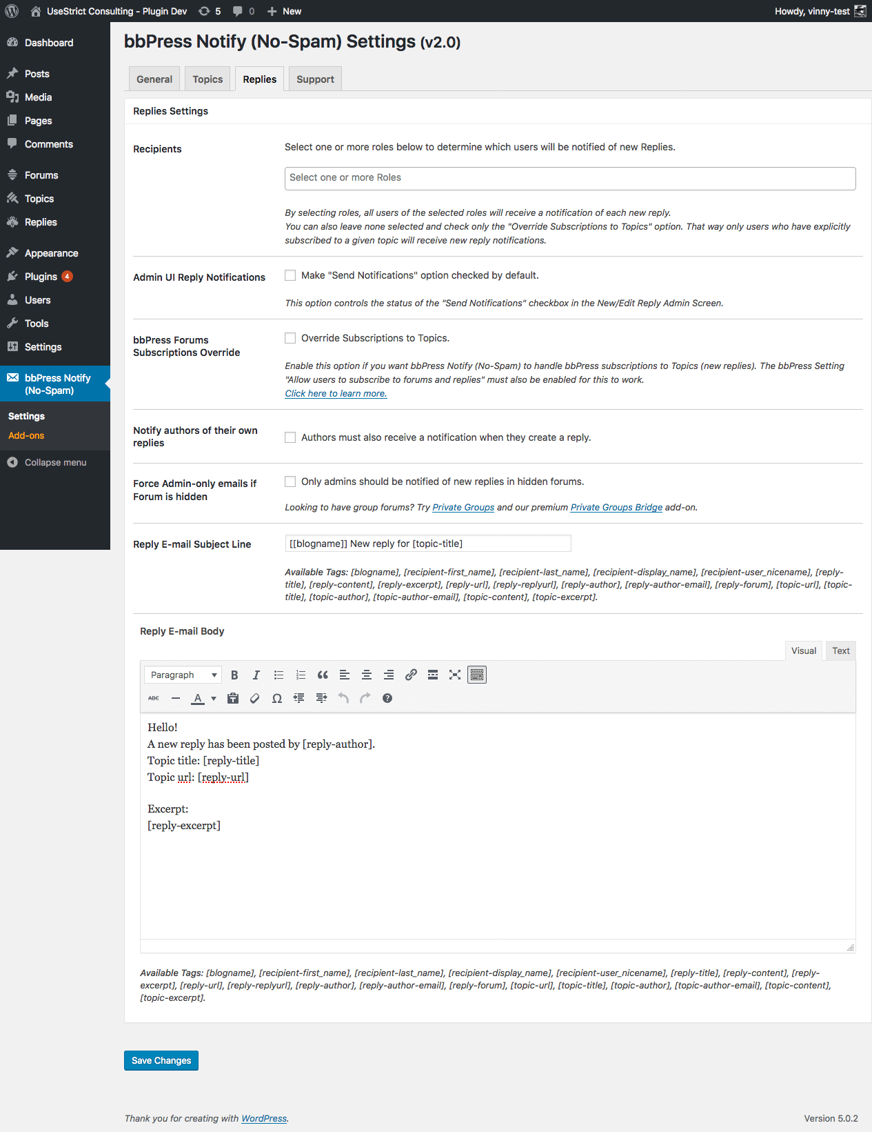 The settings page - Replies tab
