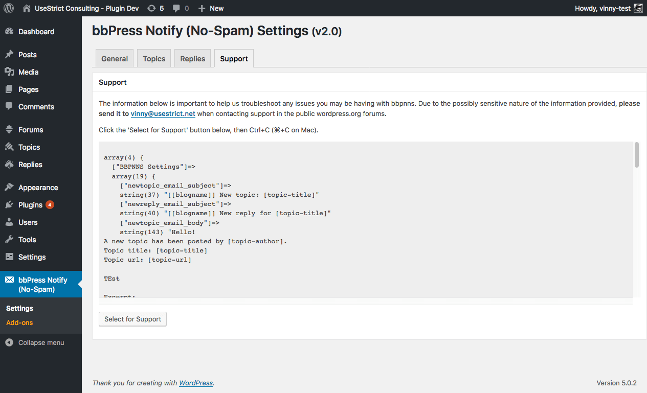 The settings page - Support tab