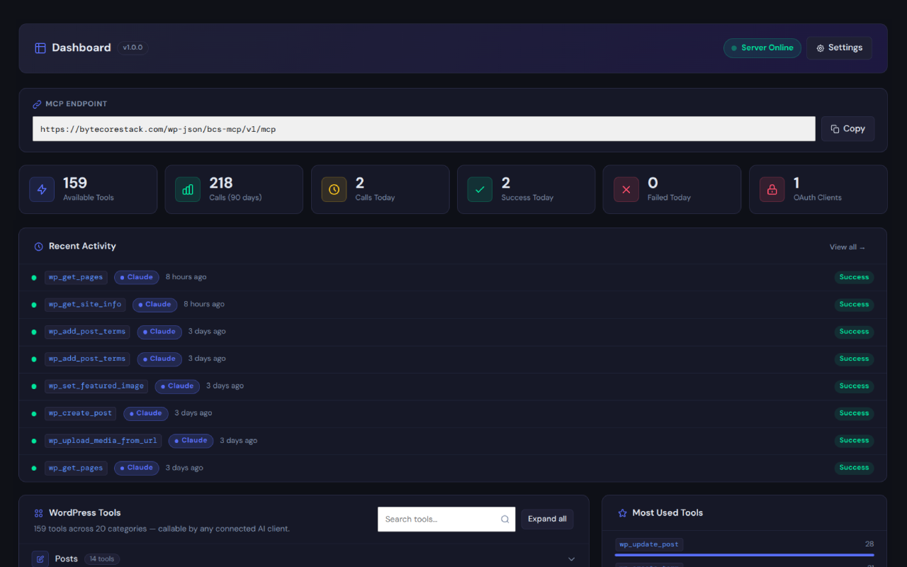 Admin dashboard — server status, today's stats, and recent activity feed.