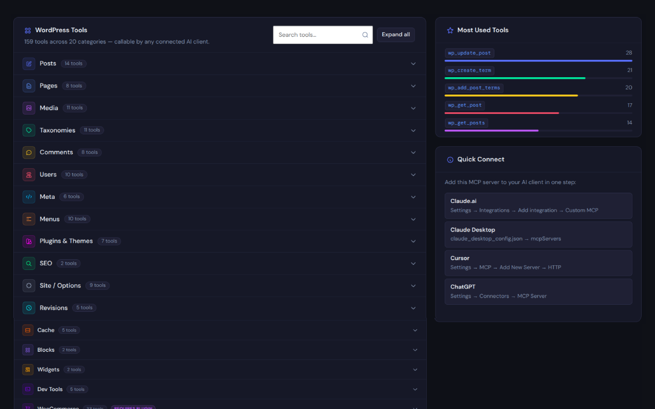 Tools browser — every tool, most-used tool in the last 28 days, and quick docs.
