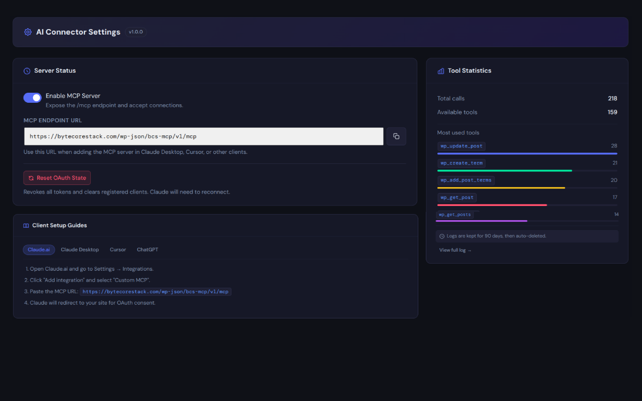 Settings page — enable the MCP server, copy your endpoint URL, and setup guides per AI client.