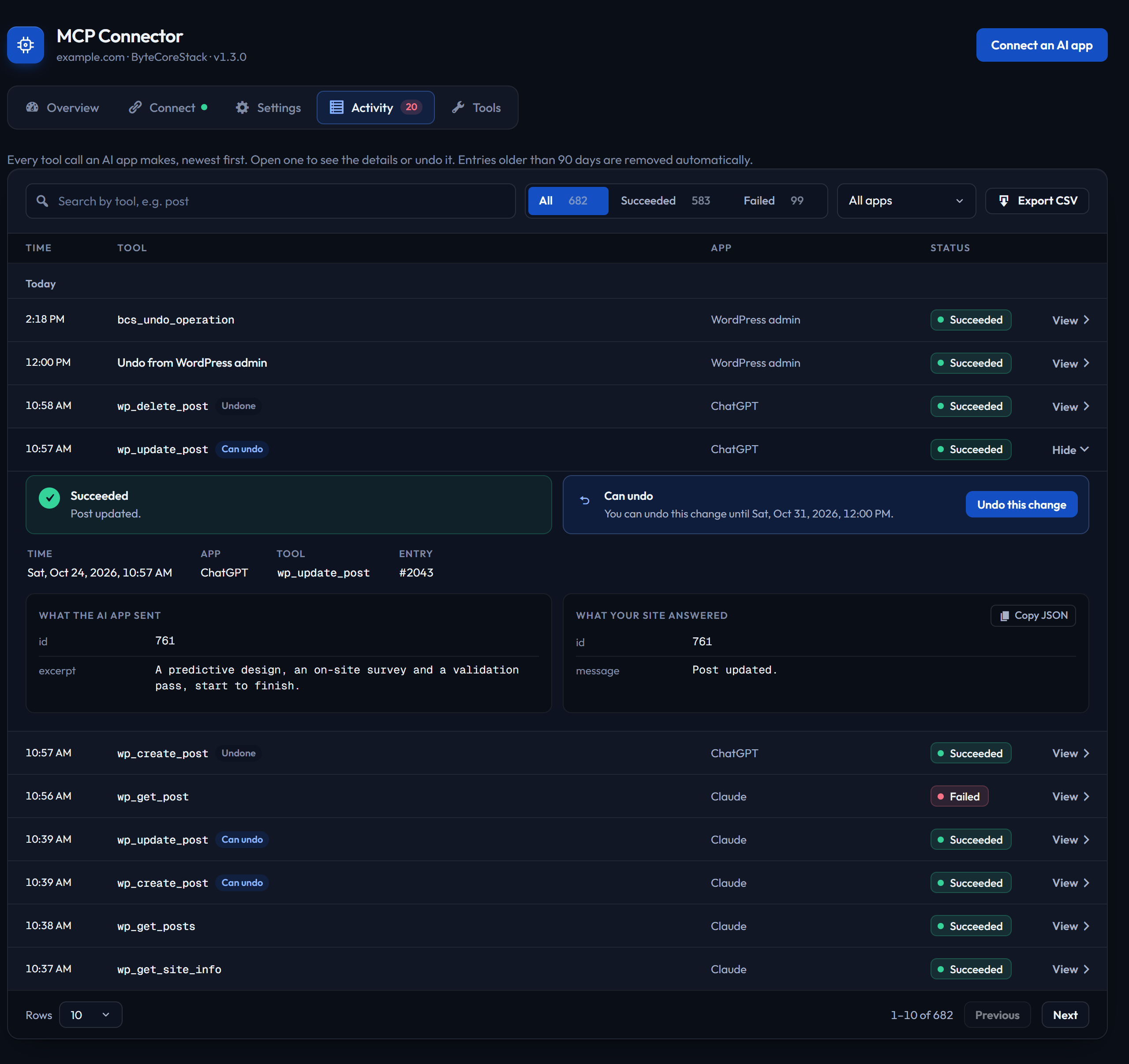 Activity with search, filters, entry details, and one-click undo.