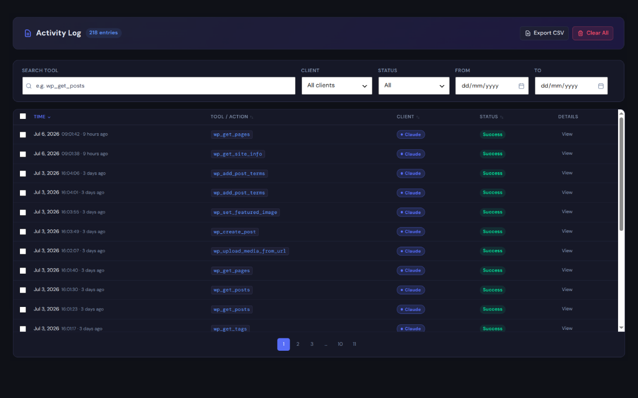 Activity Log — filter by client, status, and date range, with color-coded tags and CSV export.
