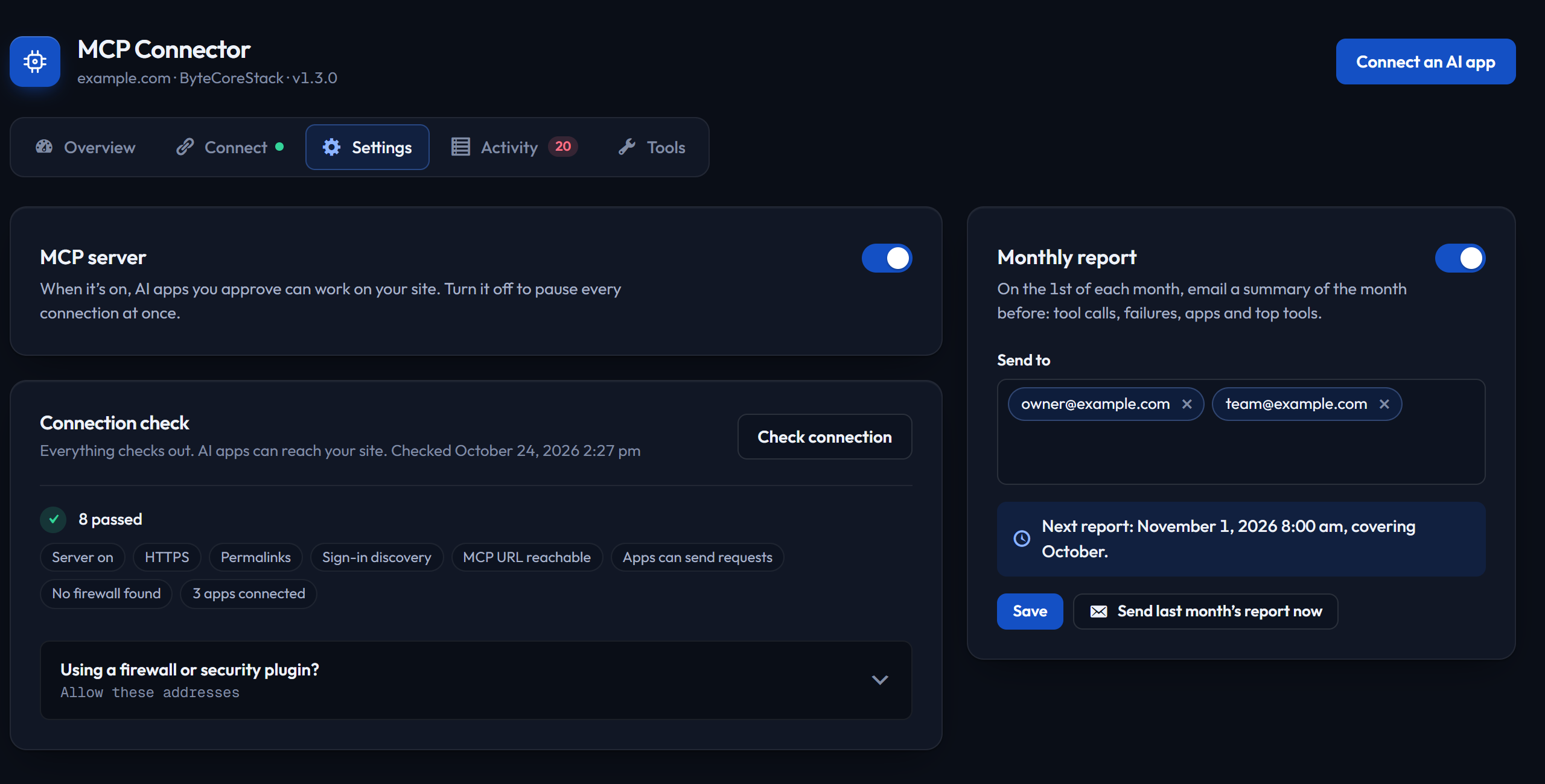 Settings with the server switch, connection check, and monthly report.