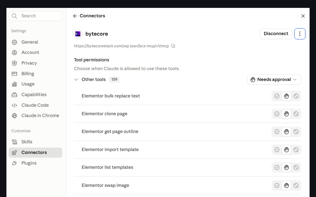 Claude connector page — tools list and permission settings for the connection.