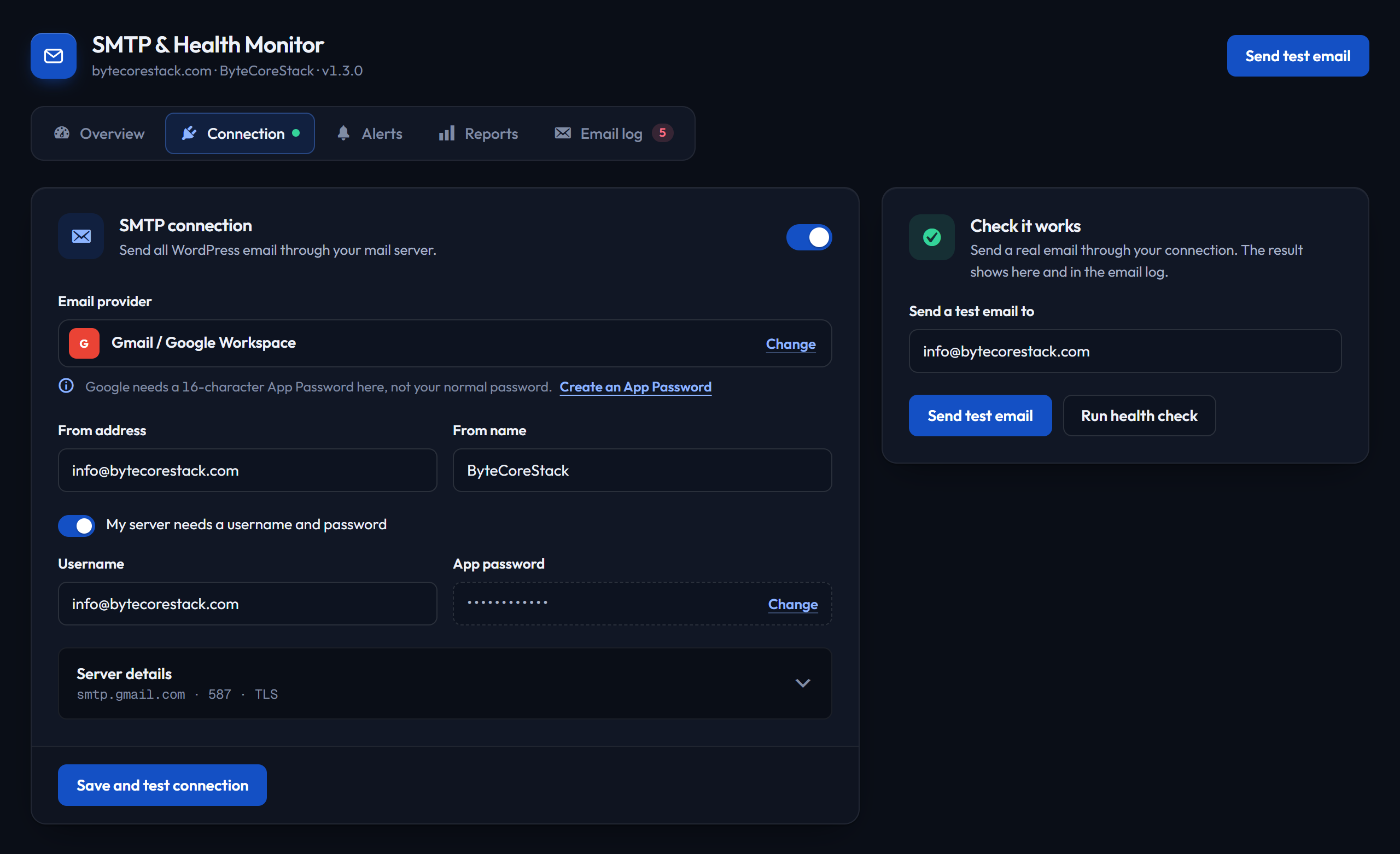 Connection — pick your provider and the server details fill in; send a test email right alongside