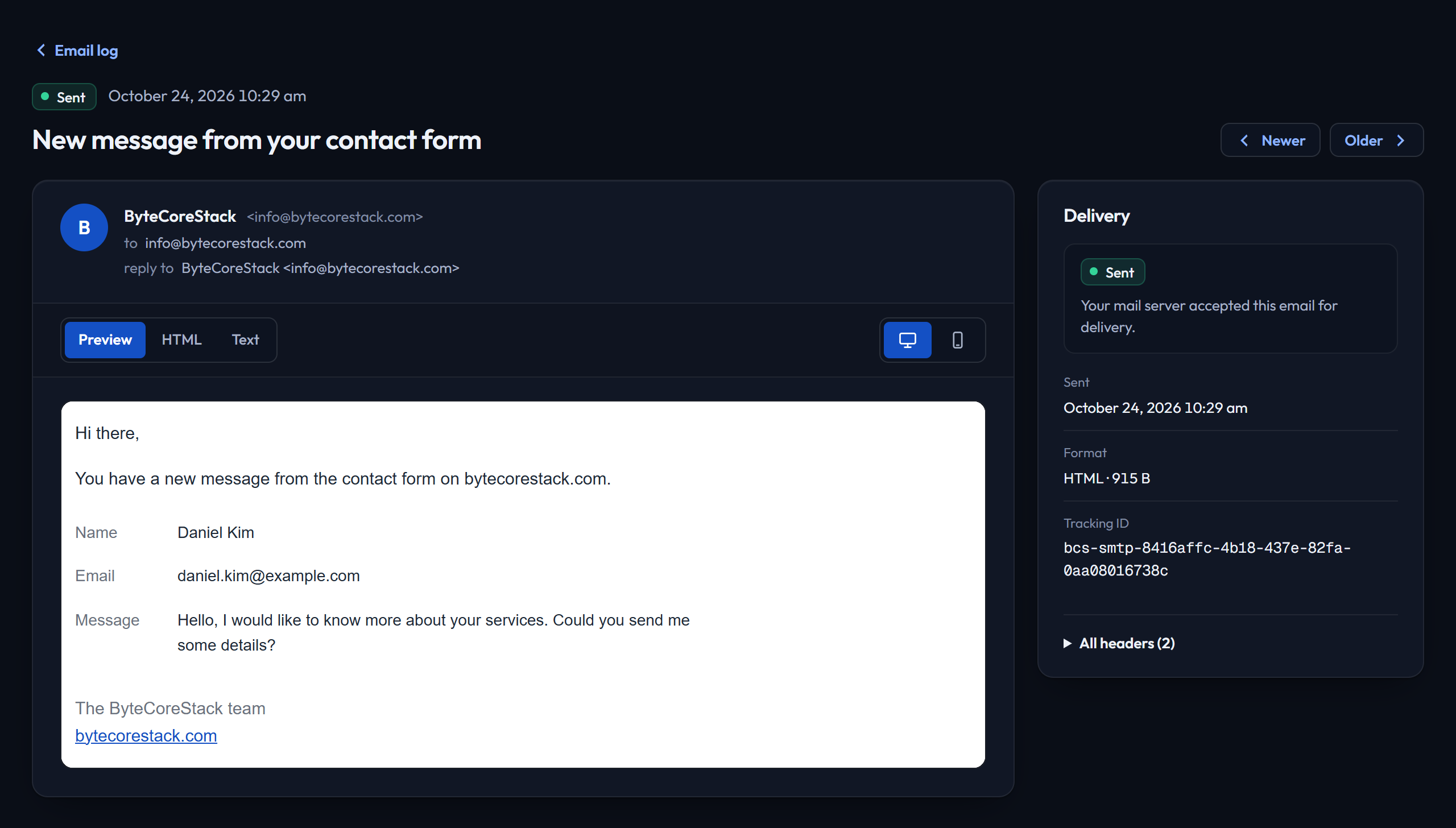 Email details — the full message as it was sent, with delivery status, recipients and headers