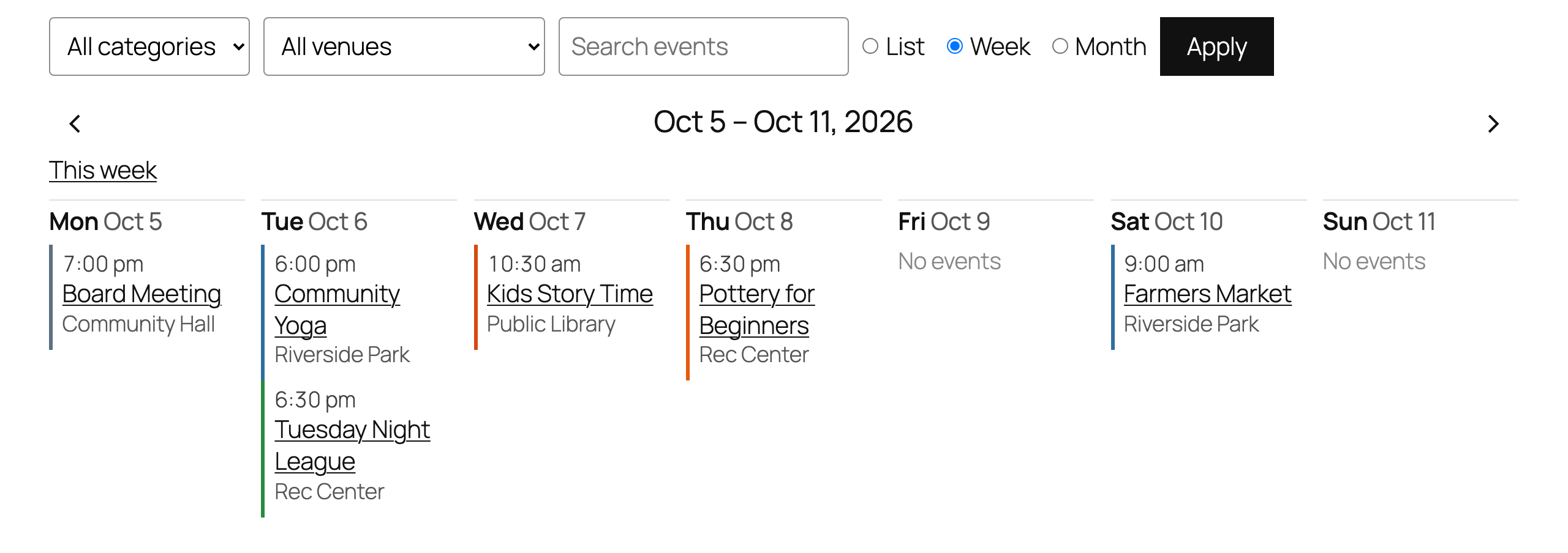 The week view as a class timetable, with the filter bar. On a phone the days stack into rows.