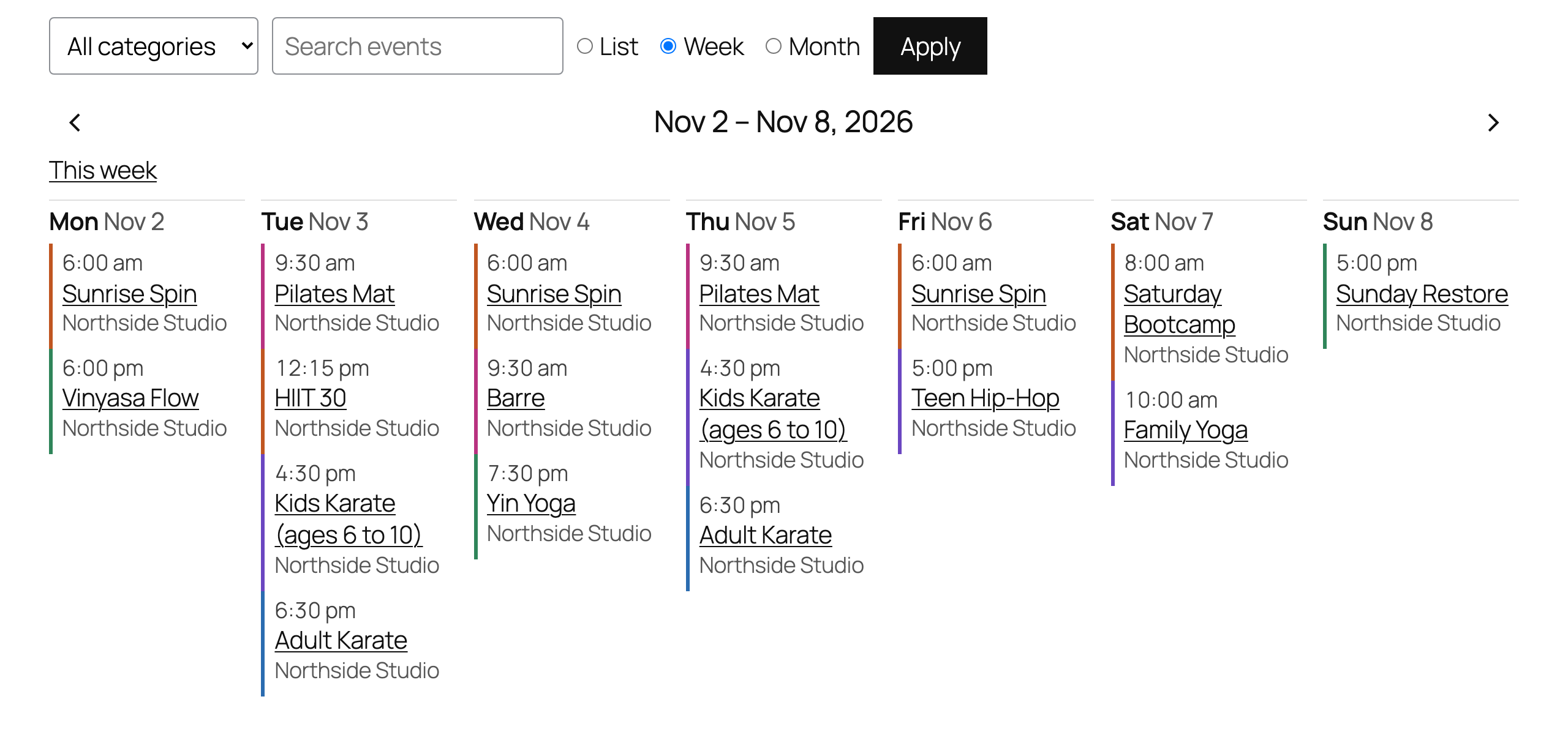 The week view as a class timetable, with the filter bar. On a phone the days stack into rows.
