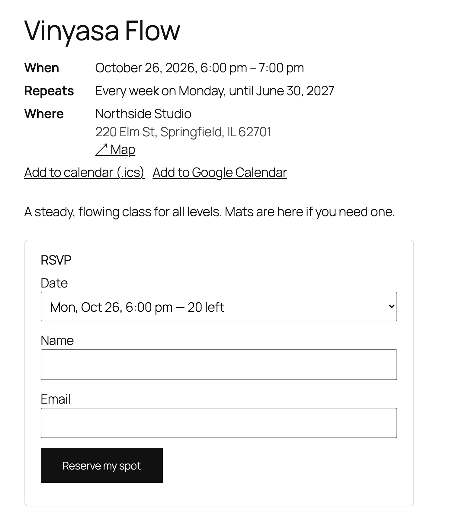 With Beacon Events Pro, people sign up for a class date. The form shows the places left, a full date offers a waitlist, and each booking gets a confirmation and a reminder email.