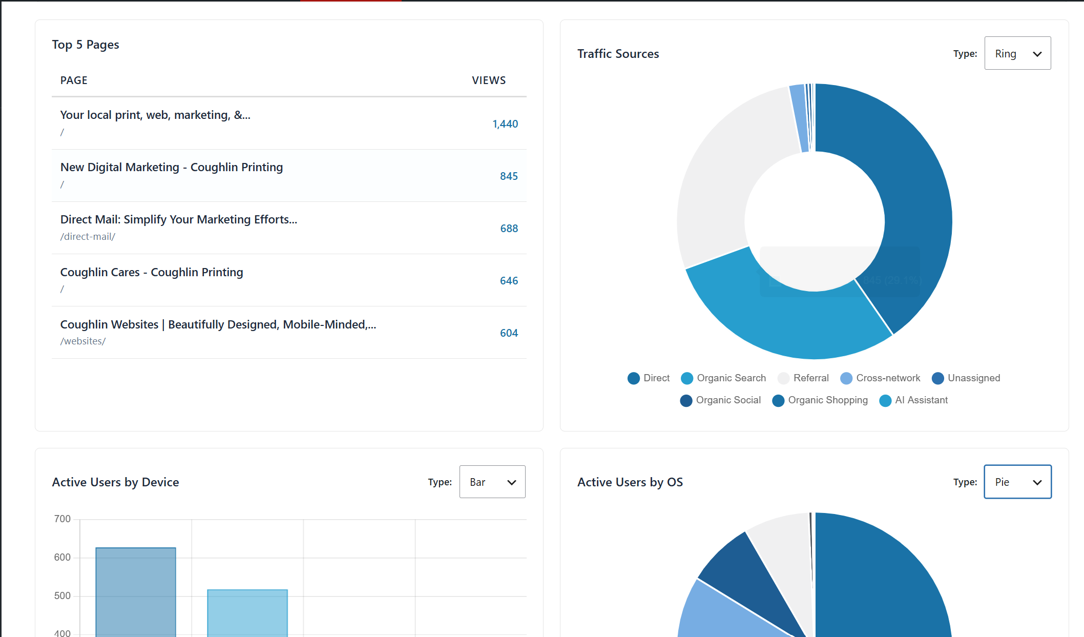 Top 5 Pages table, Traffic Sources pie chart, Active Users by Device, and Active Users by OS panels