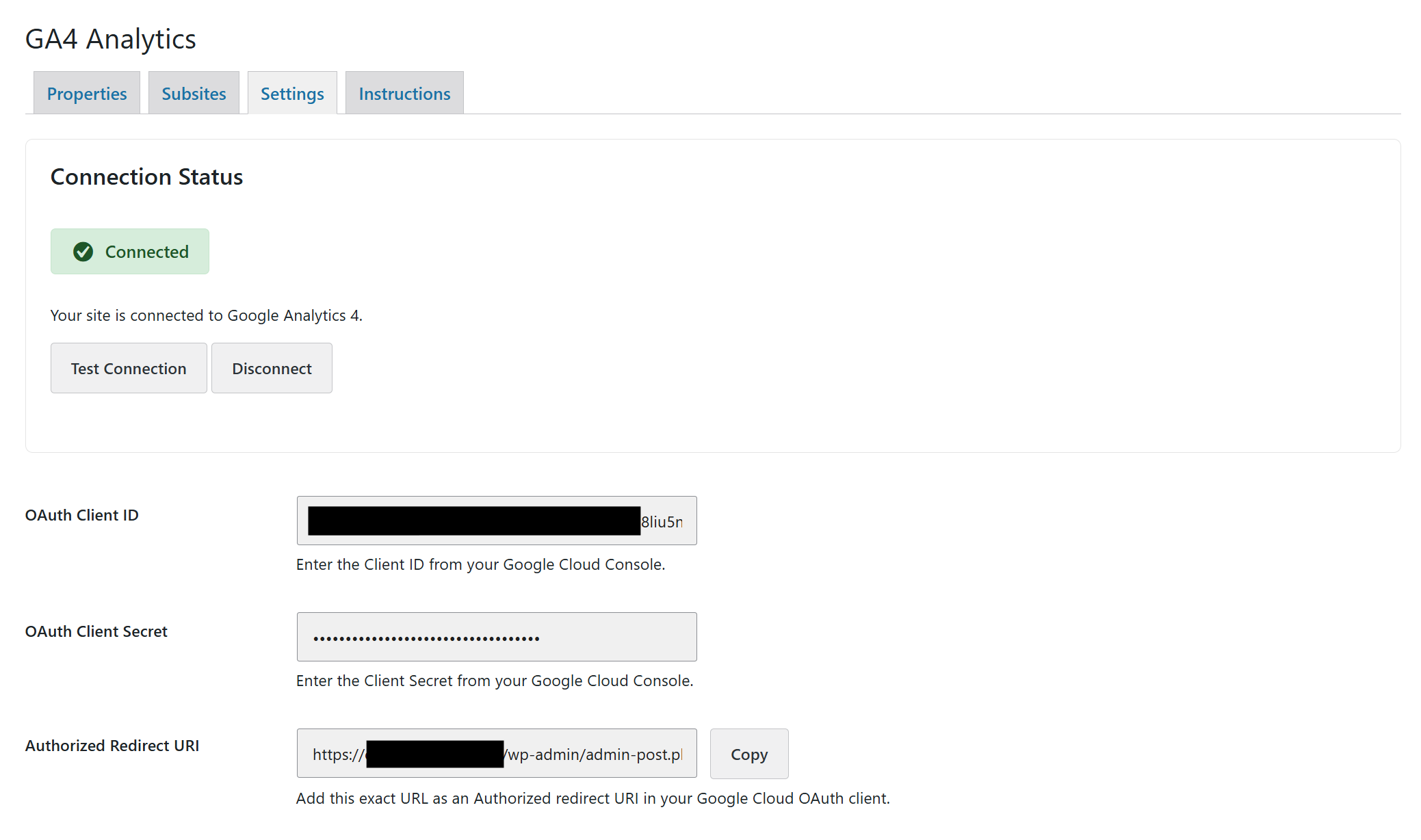 Settings page — Google account connection and GA4 property selection