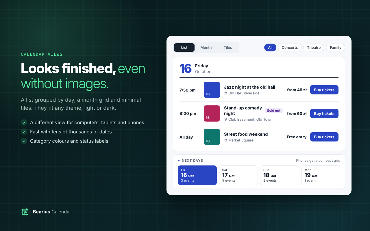 Calendar views: a list grouped by day, a month grid and tiles, with category filters.