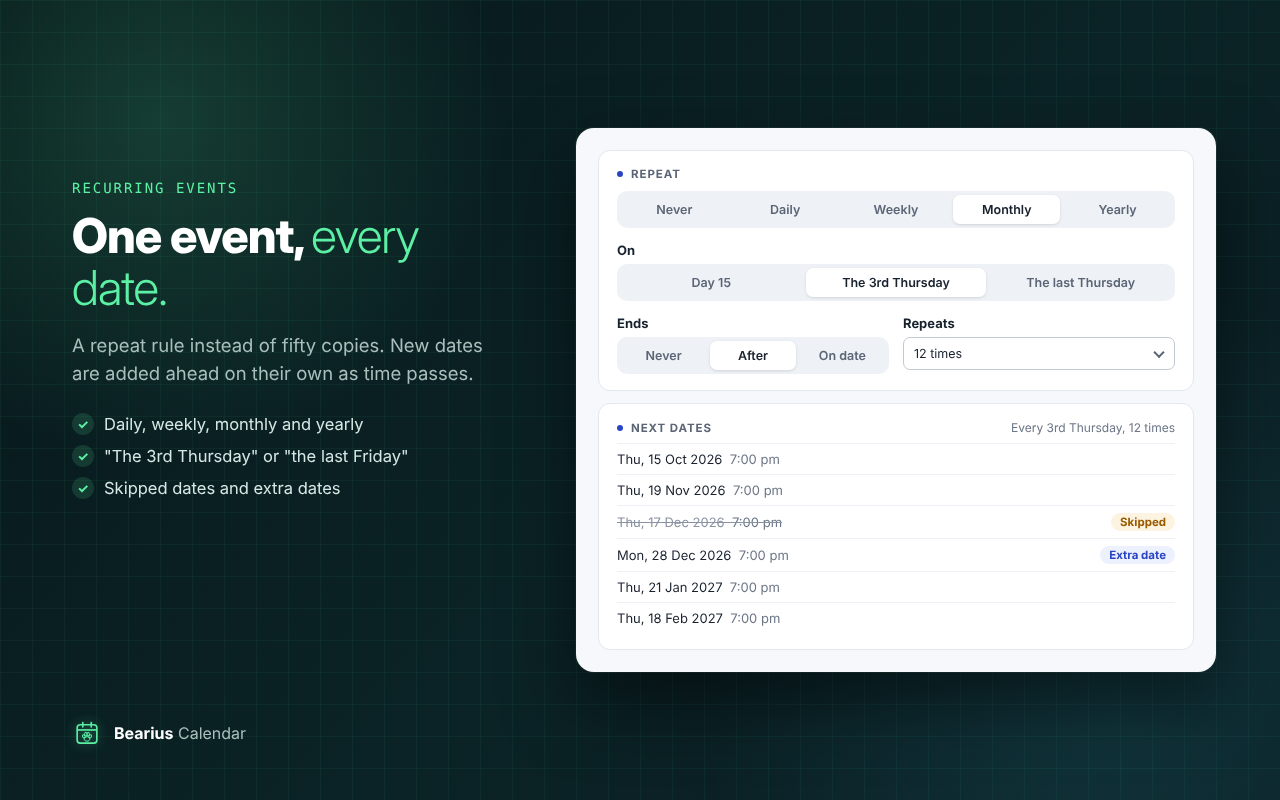 Recurring events: one event with a repeat rule, skipped dates and extra dates.