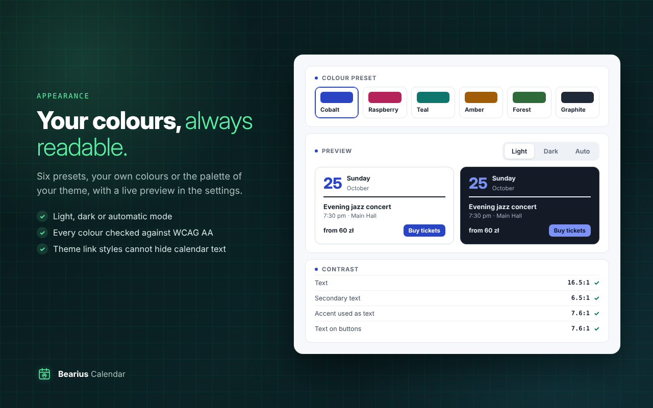 Appearance: colour presets, light and dark mode and a contrast check of every colour.