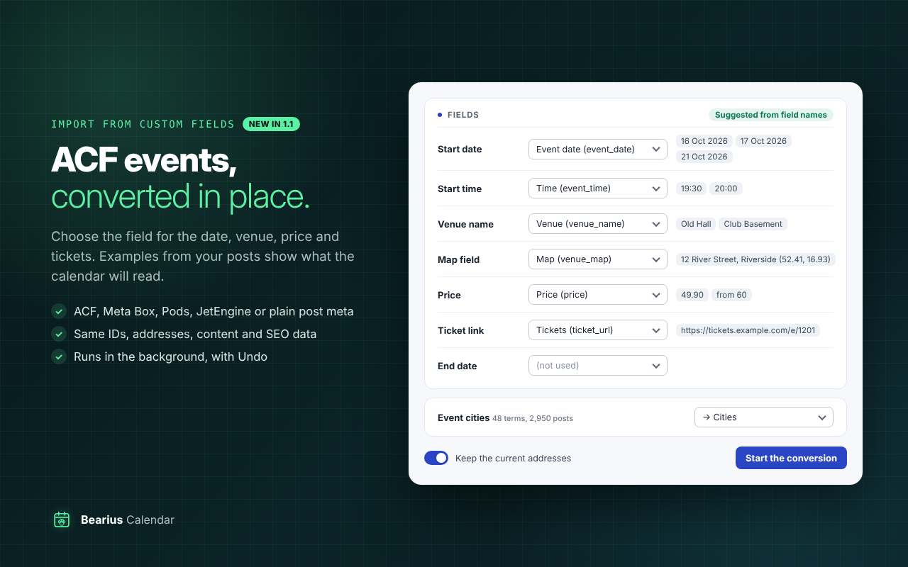 Import from custom fields (ACF and others), with examples from your posts.