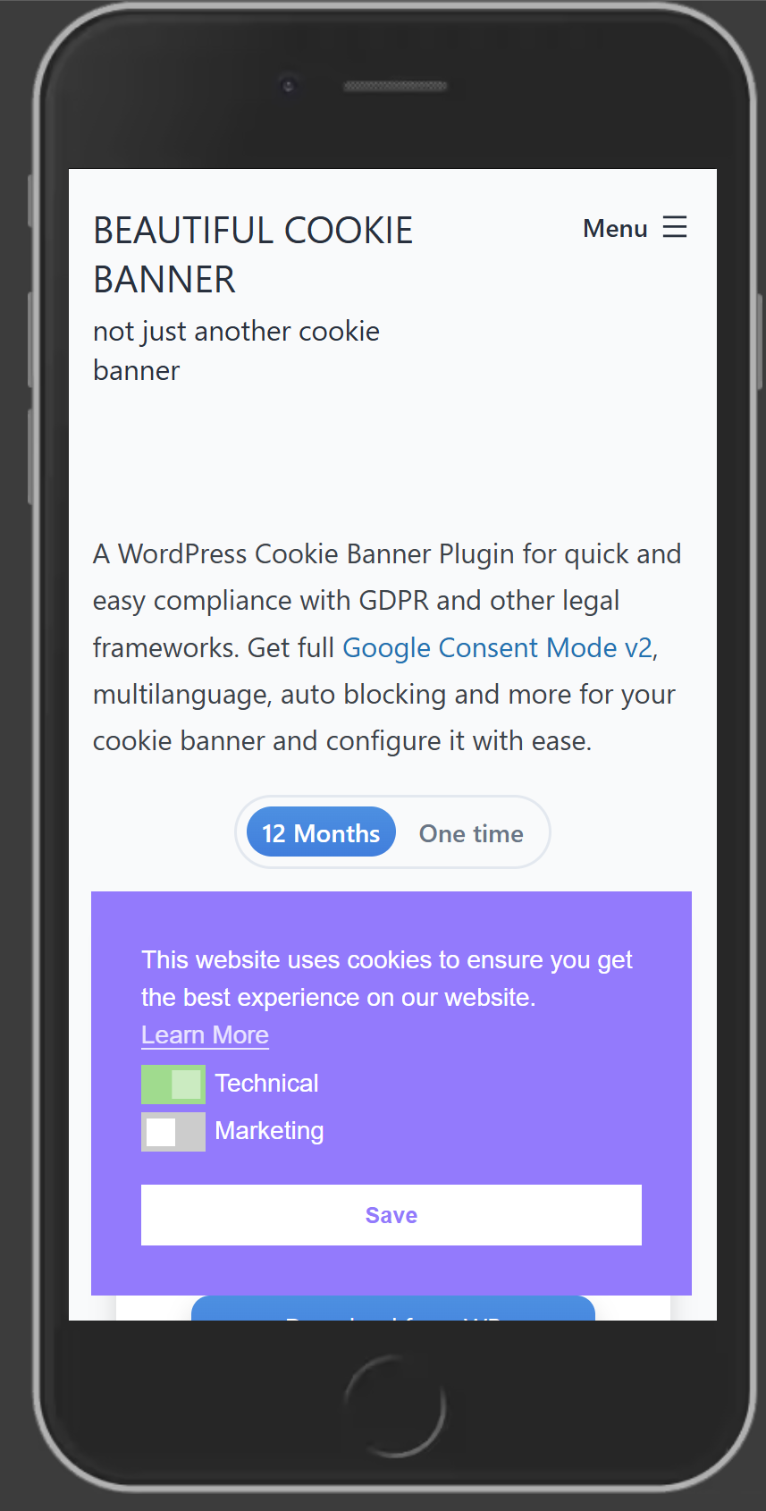 Cookie Banner Mobile Example - two buttons.