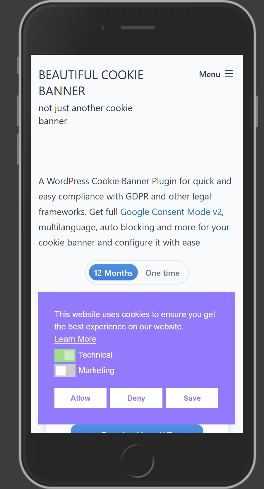 Cookie Banner admin settings area with banner example.