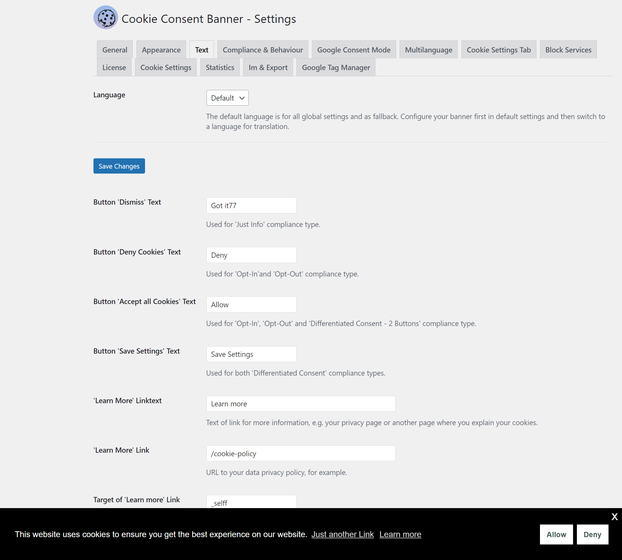 Basic cookie settings. The consents are stored in a cookie.