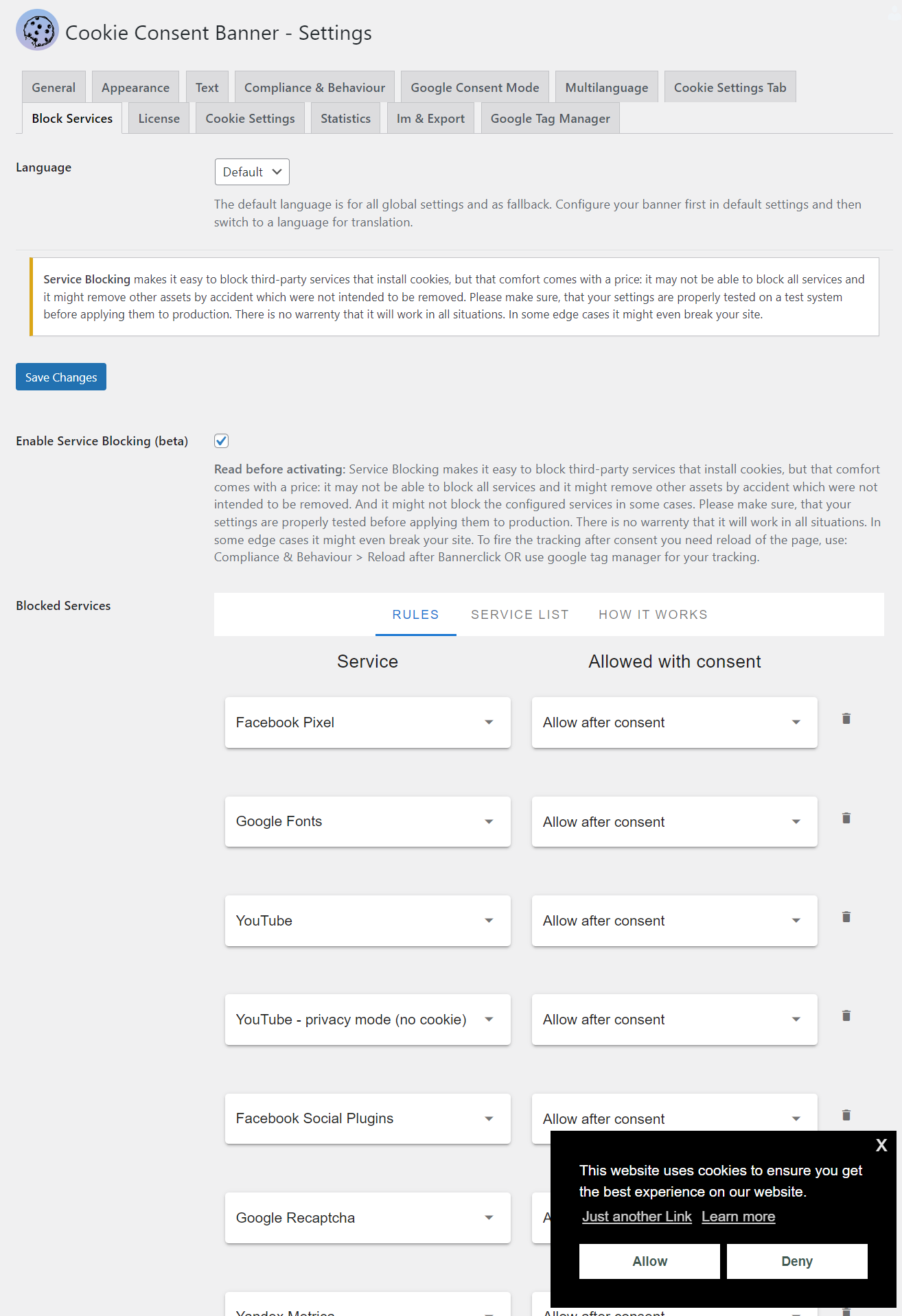 You can easily import and export most of the settings of your cookie banner. Very handy to apply it to multiple pages.