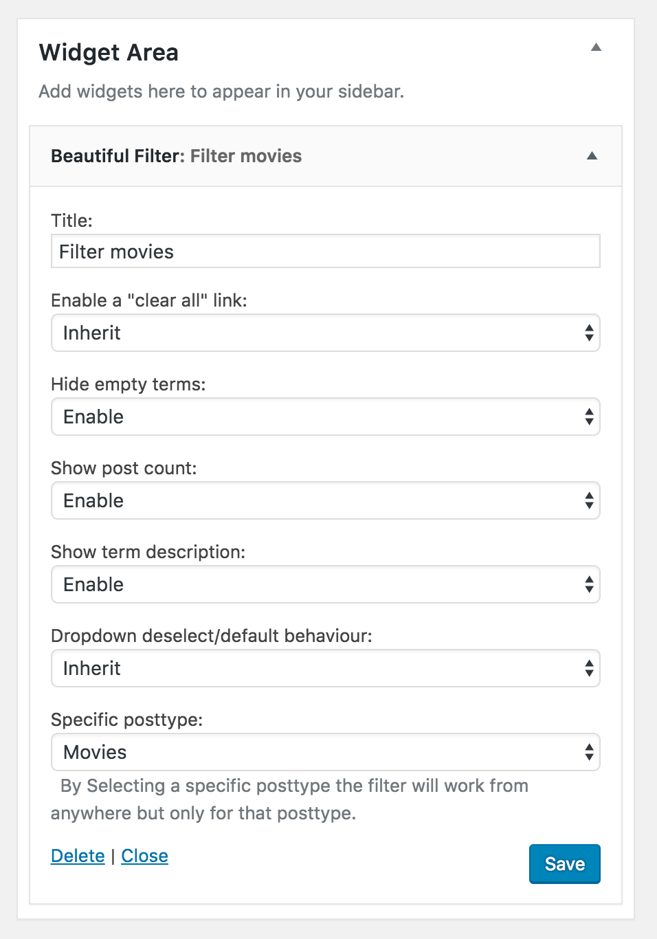 The filter widget settings.