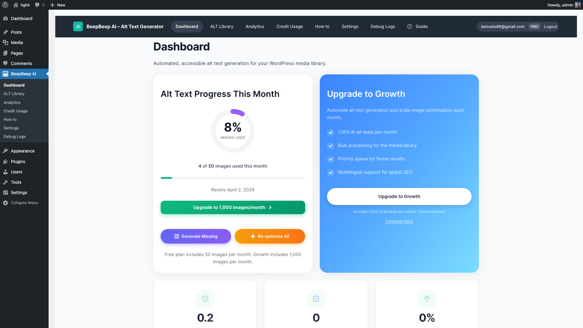 Dashboard view of the AI Alt Text Generator showing one-click generation, live credit tracking, and editable suggestions so teams can review accessibility text before saving.