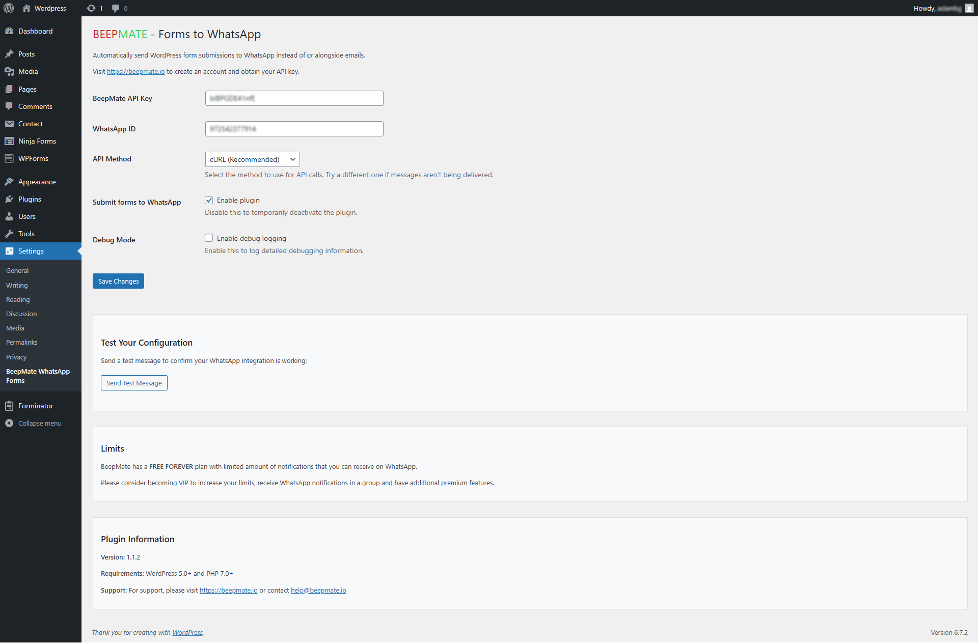 Plugin settings page.