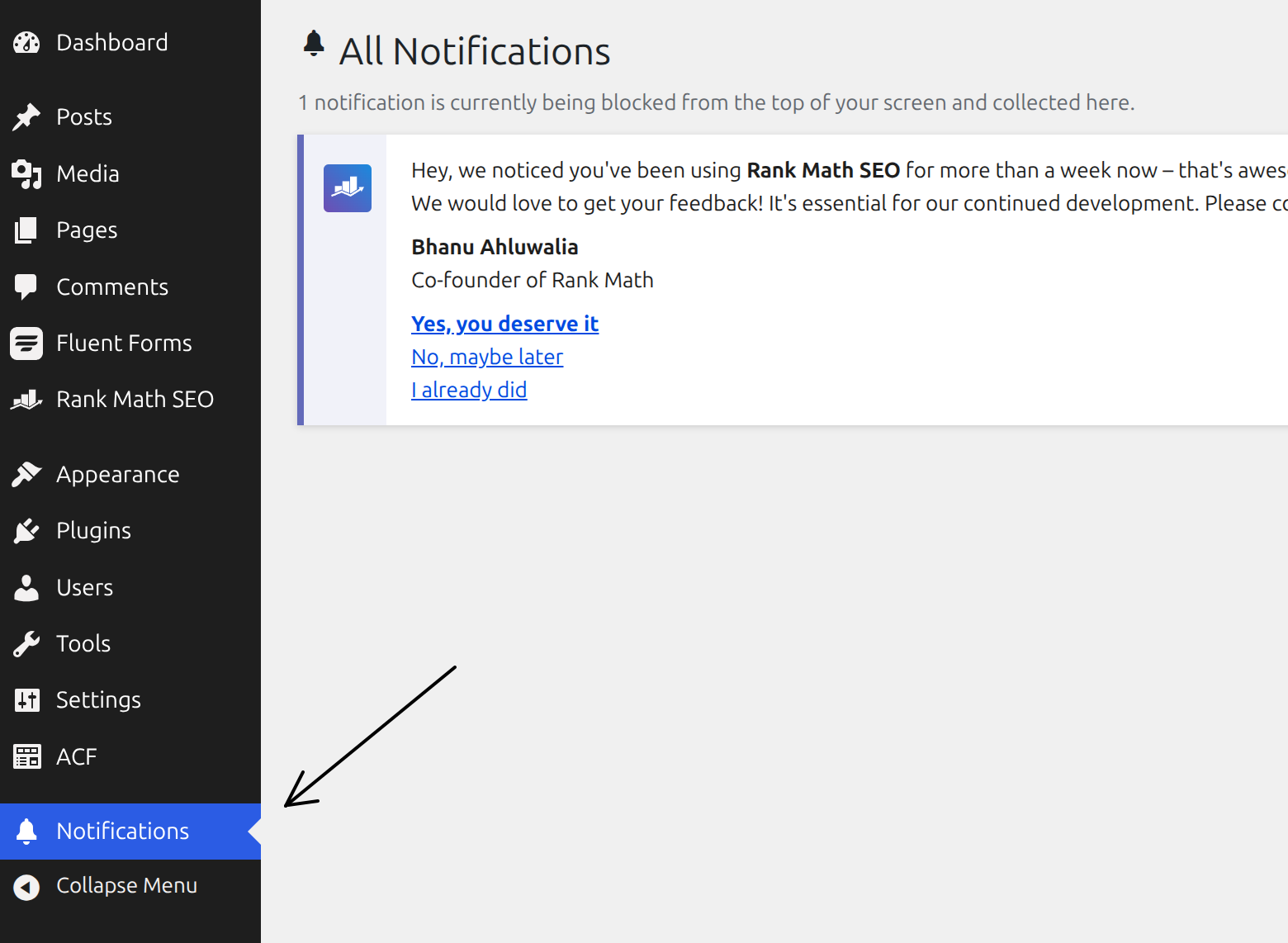 The dedicated Notifications page listing the captured notices.