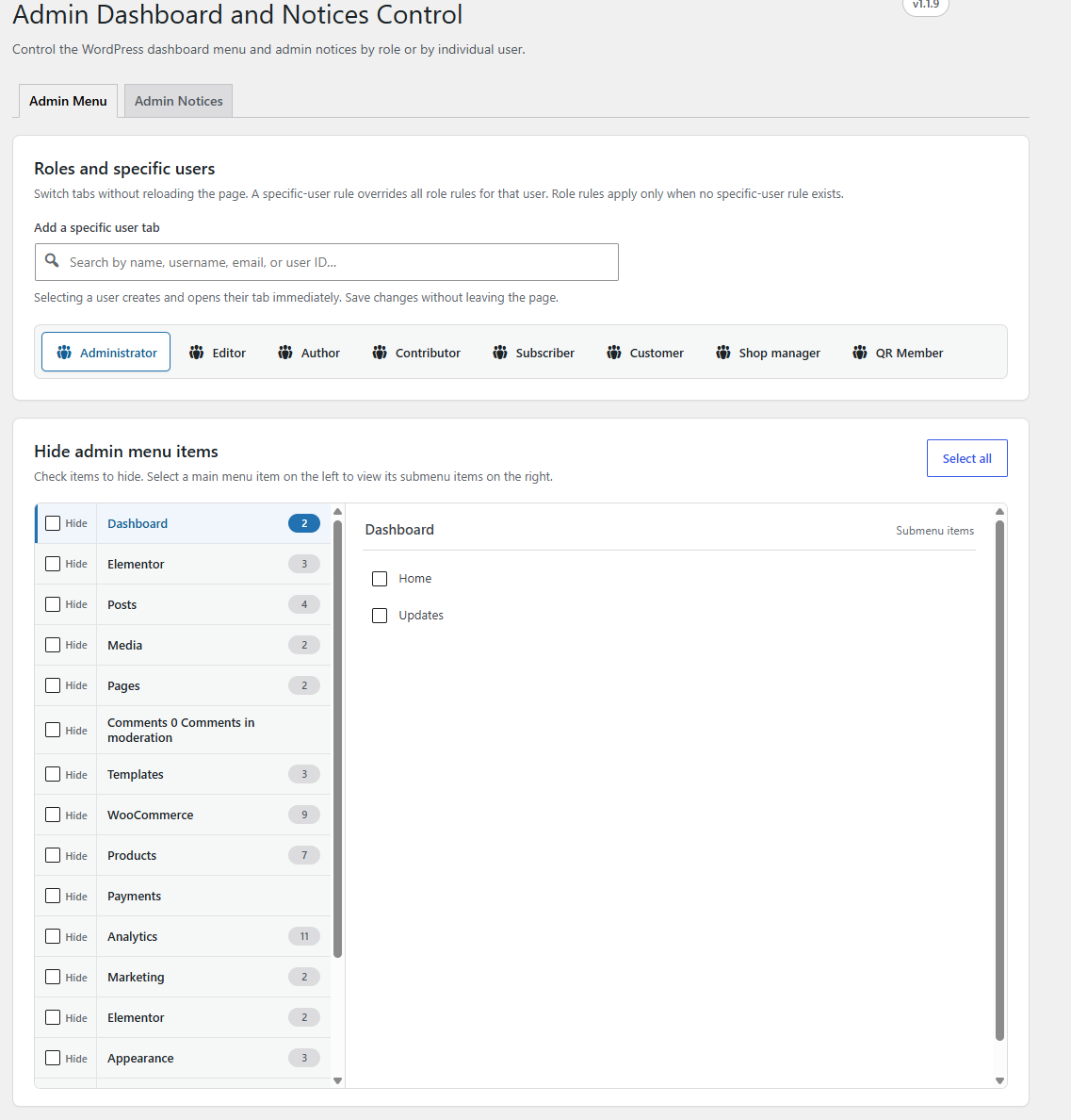 Admin Menu management