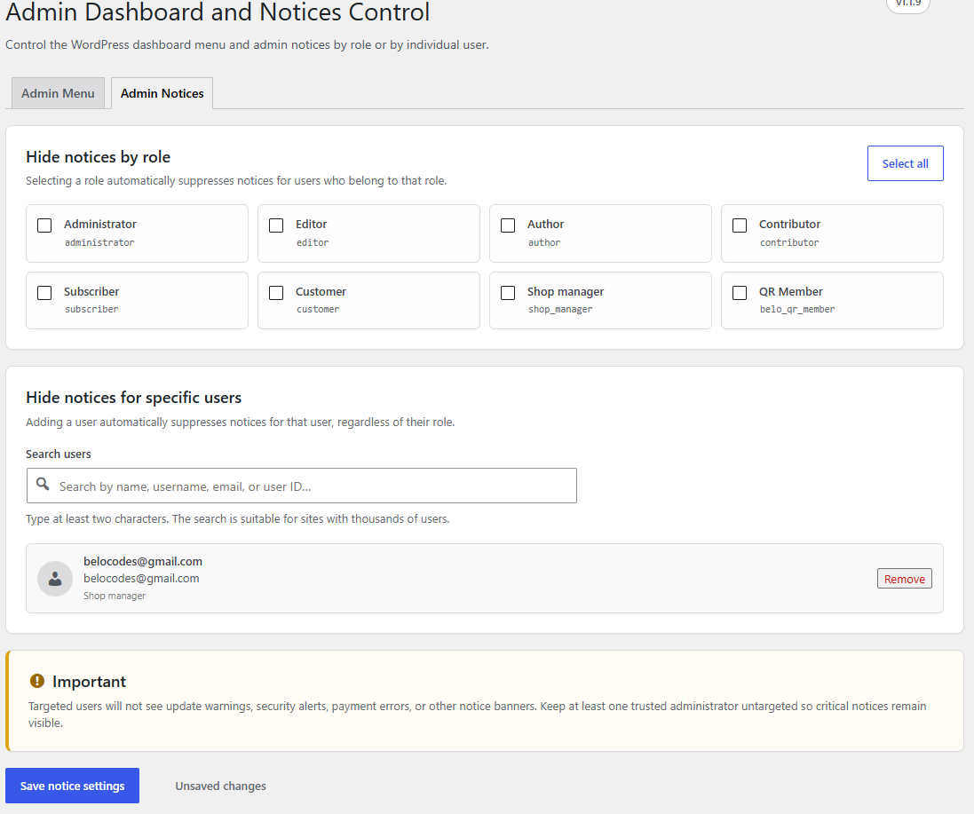 Admin Notices management